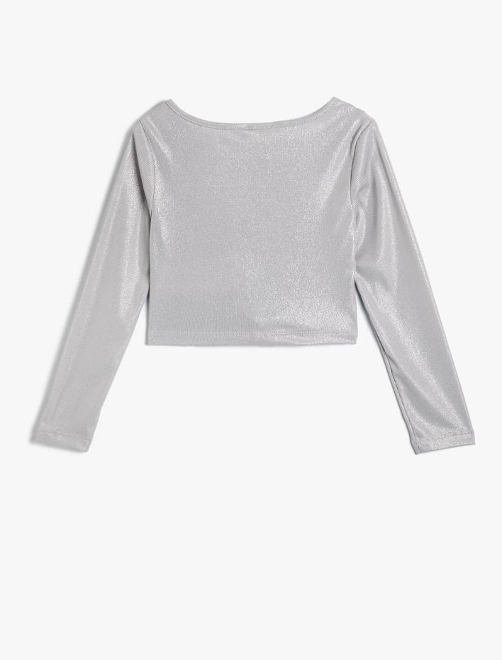 Kız Çocuk Parlak Tişört Pencere ve Düğüm Detaylı