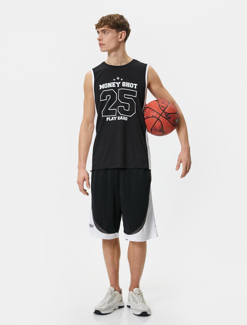   Oversize Basketbol Şortu Beli Bağcıklı Slogan Baskılı Cepli