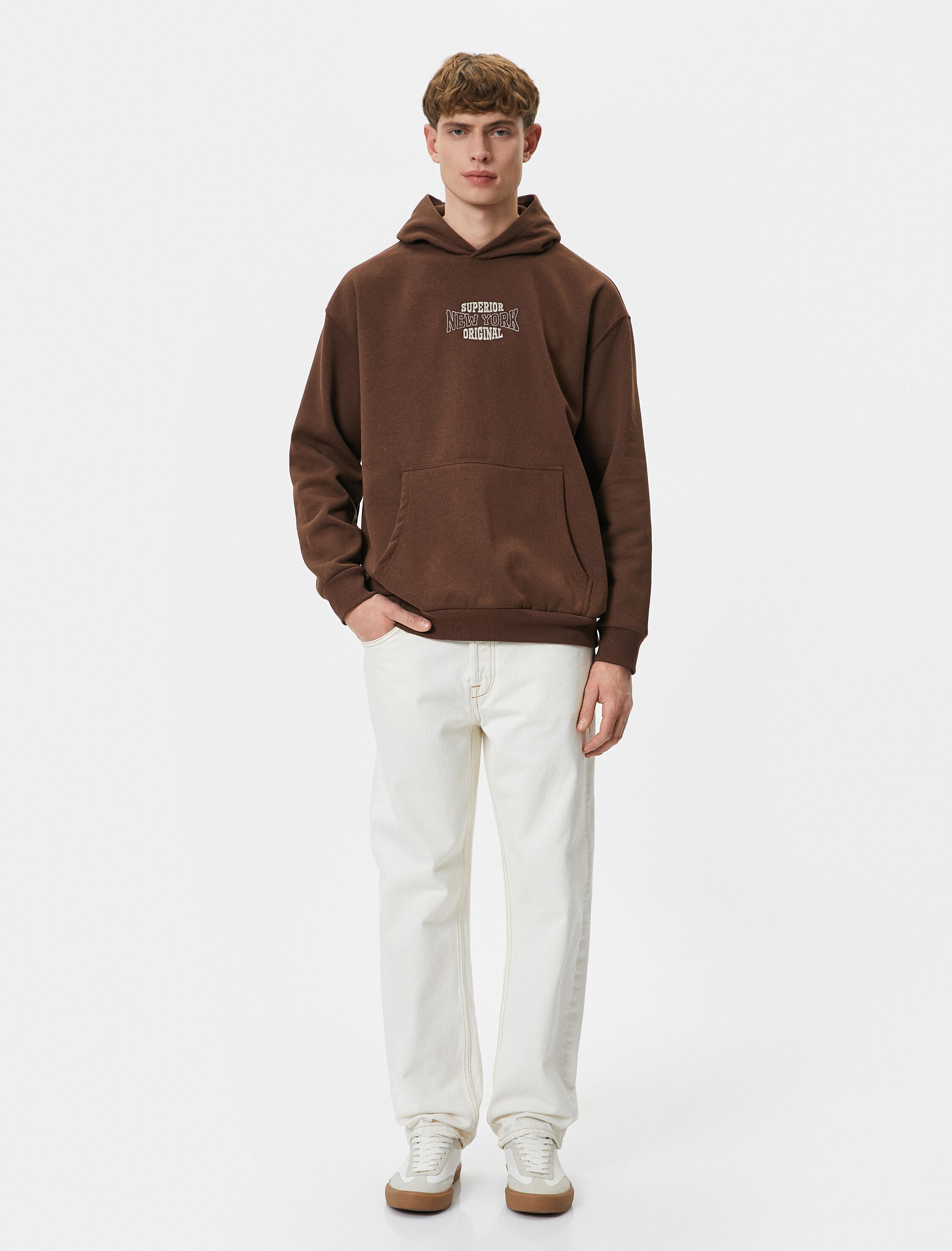   Oversize Hoodie Kolej İşlemeli Kanguru Cep Detaylı Şardonlu