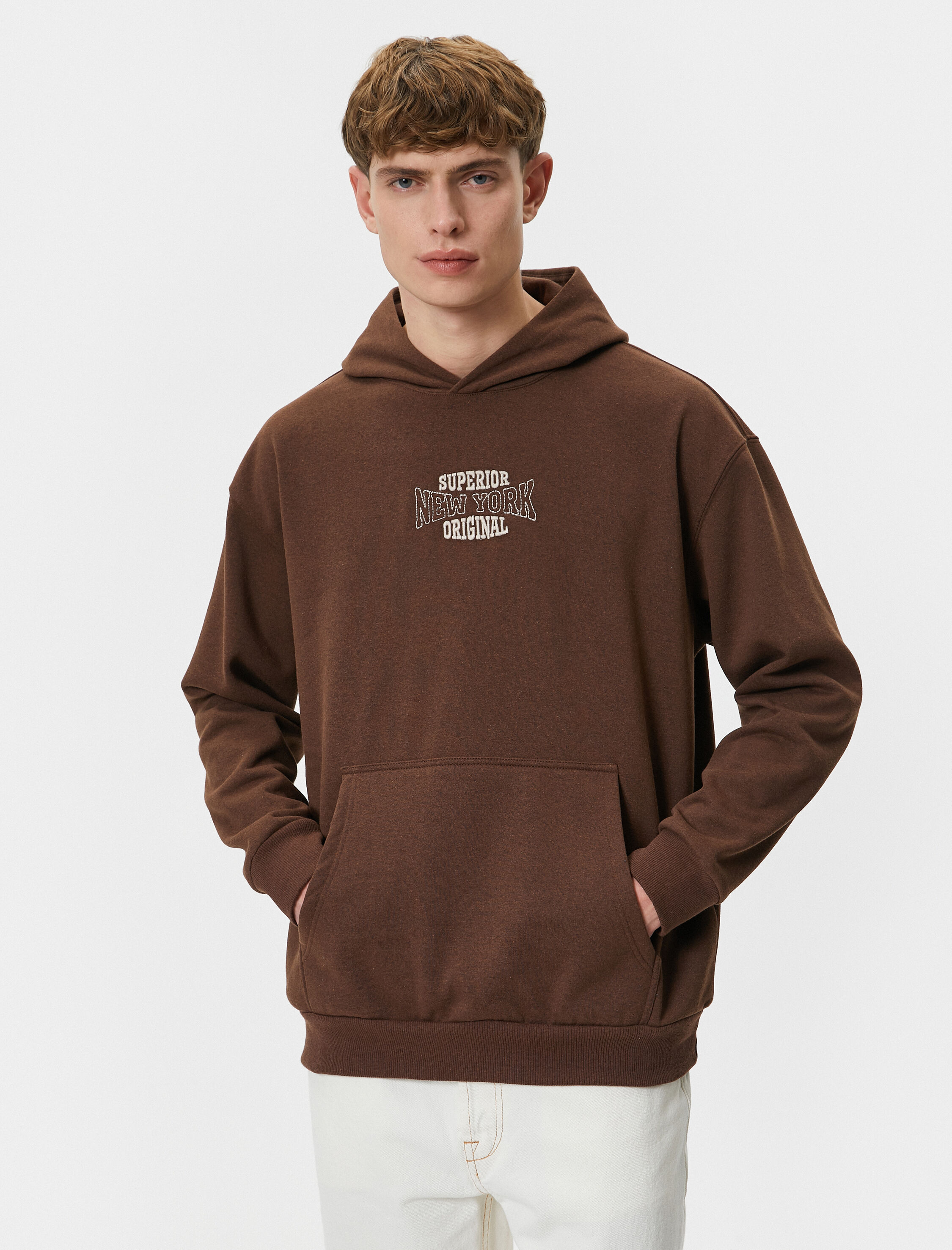   Oversize Hoodie Kolej İşlemeli Kanguru Cep Detaylı Şardonlu