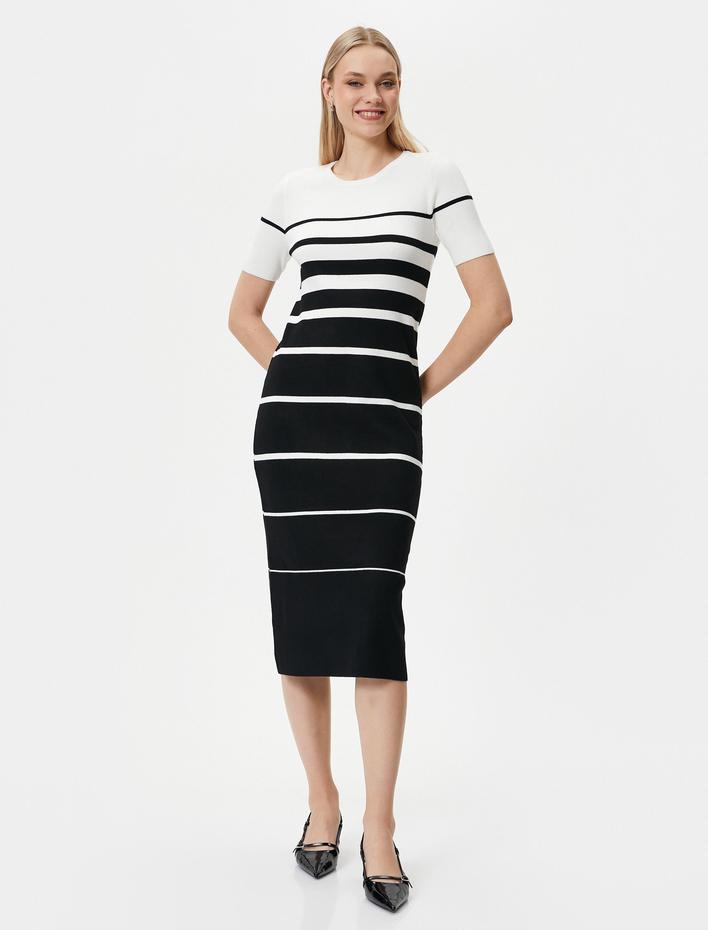  Midi Triko Elbise Kısa Kollu Bisiklet Yaka Bodycon