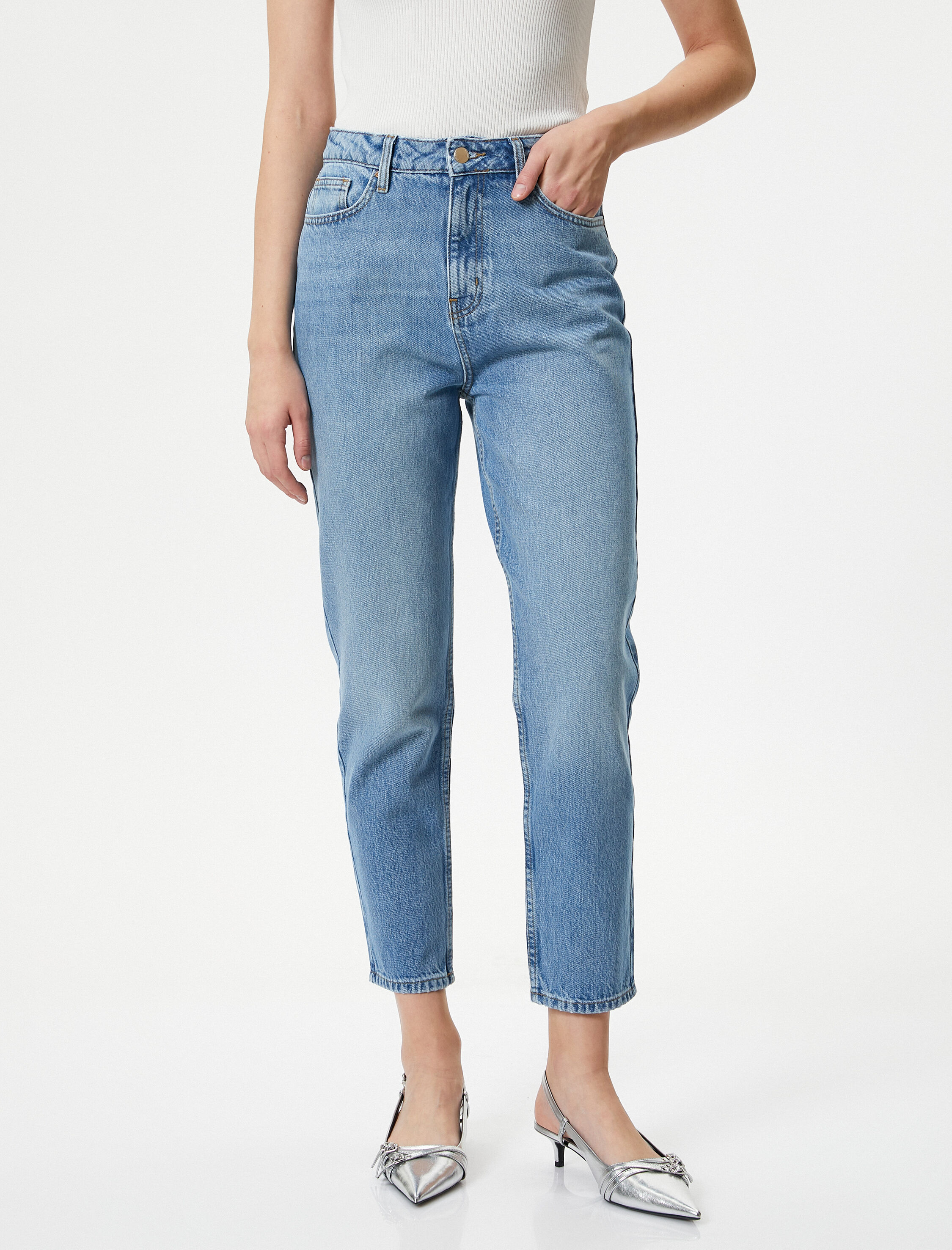   Yüksek Bel Mom Fit Kot Pantolon  Kumaş Karışımlı - Mom Jean