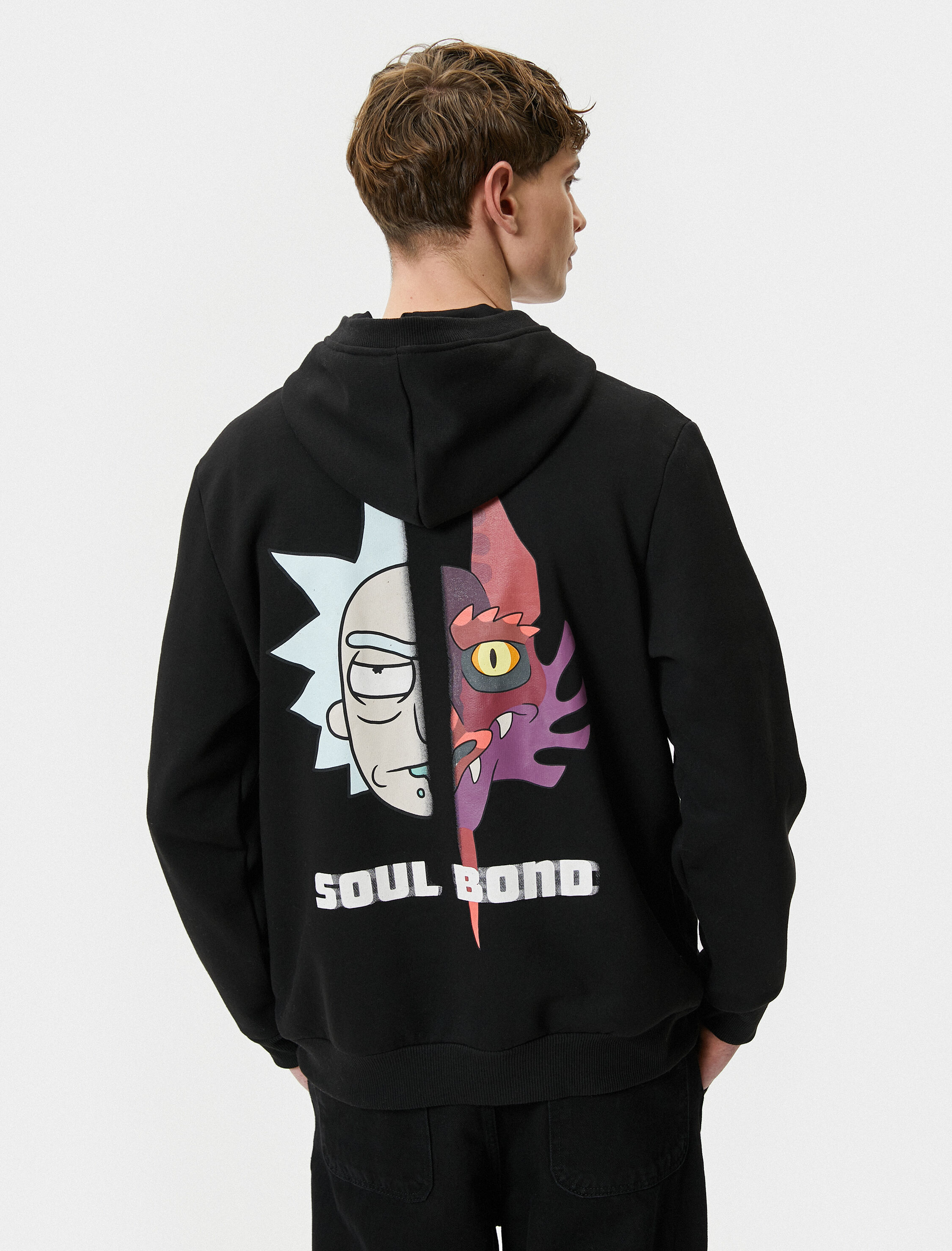   Rick and Morty Arkası Baskılı Kapşonlu Sweatshirt Lisanslı Şardonlu
