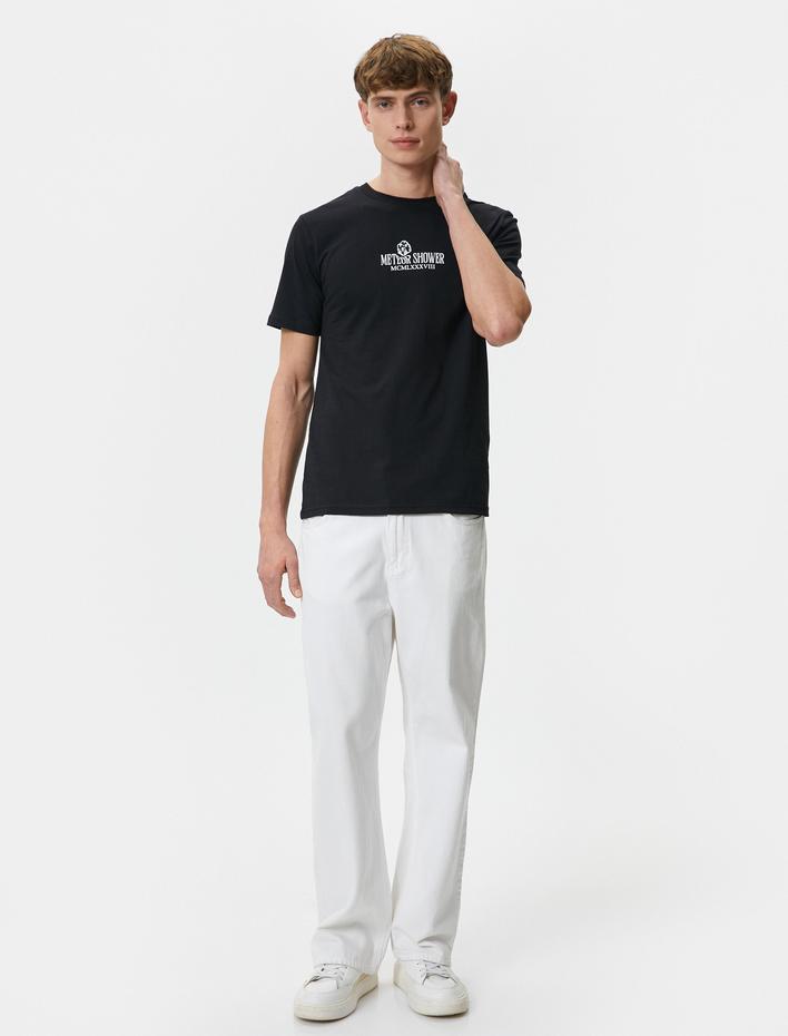  Slogan Baskılı Tişört Bisiklet Yaka Kısa Kollu Pamuklu