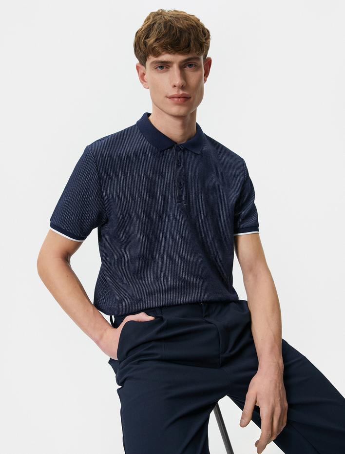  Yakalı Tişört Düğmeli Dokulu Kısa Kollu Biyeli