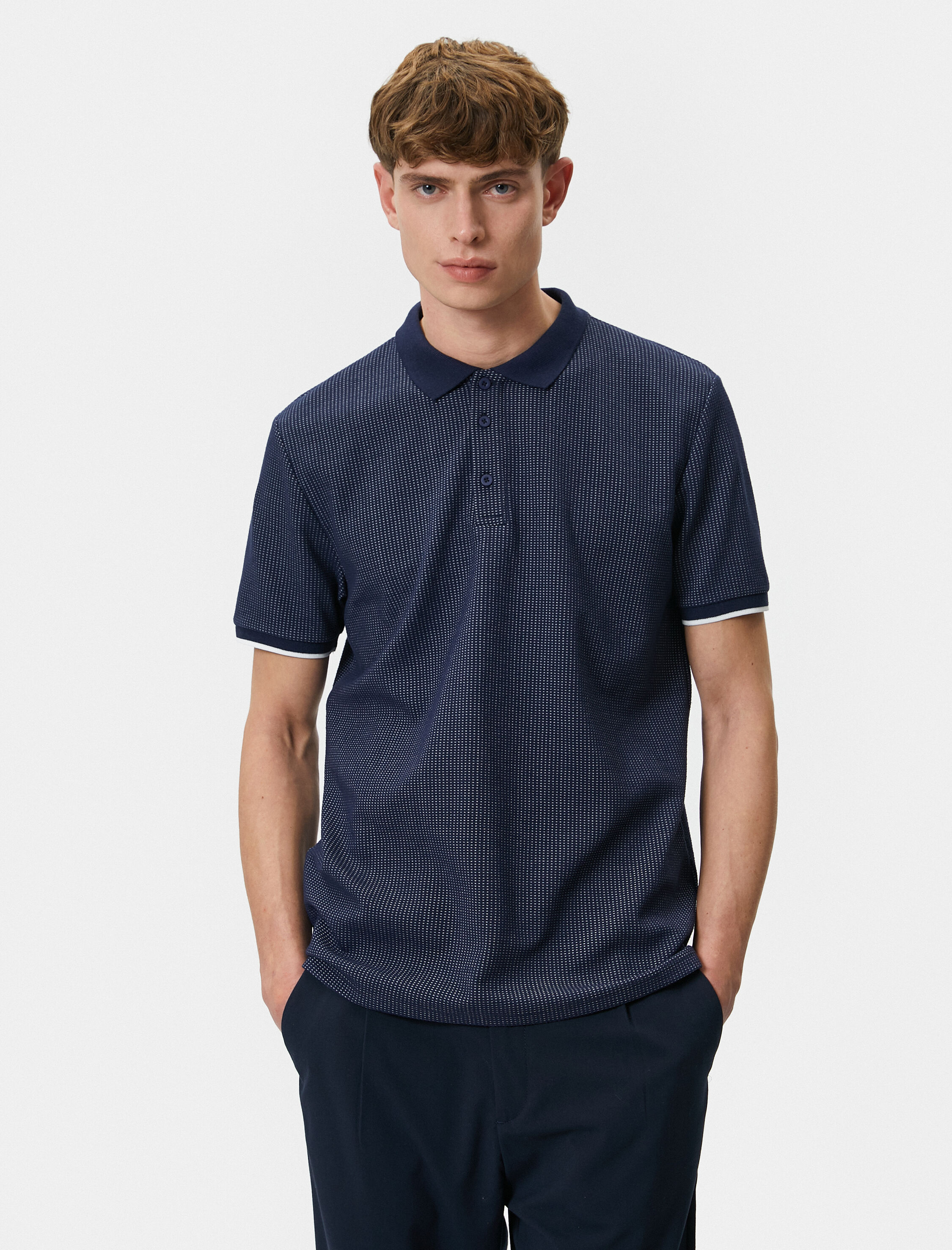   Yakalı Tişört Düğmeli Dokulu Kısa Kollu Biyeli