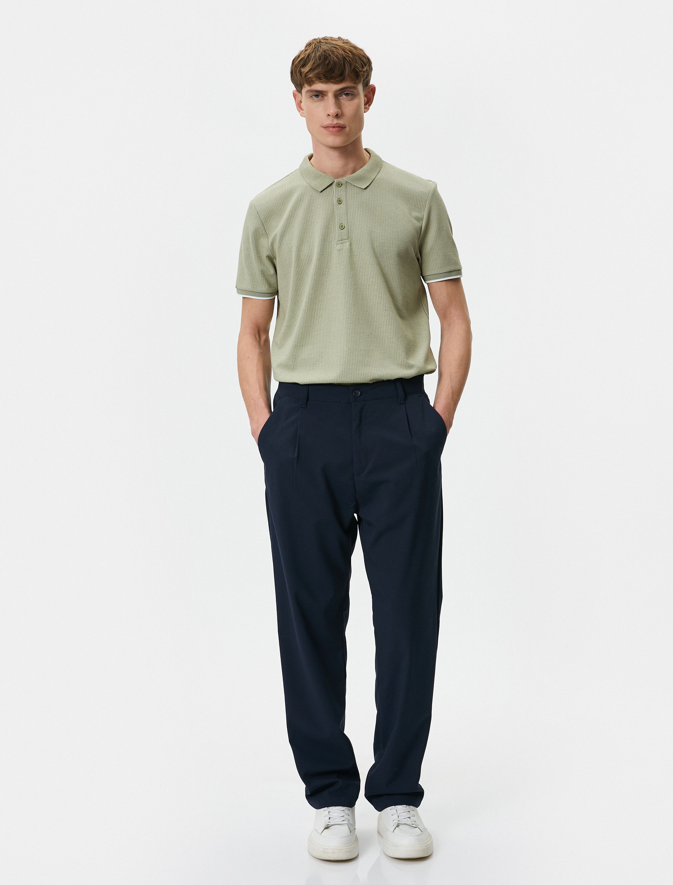   Yakalı Tişört Düğmeli Dokulu Kısa Kollu Biyeli