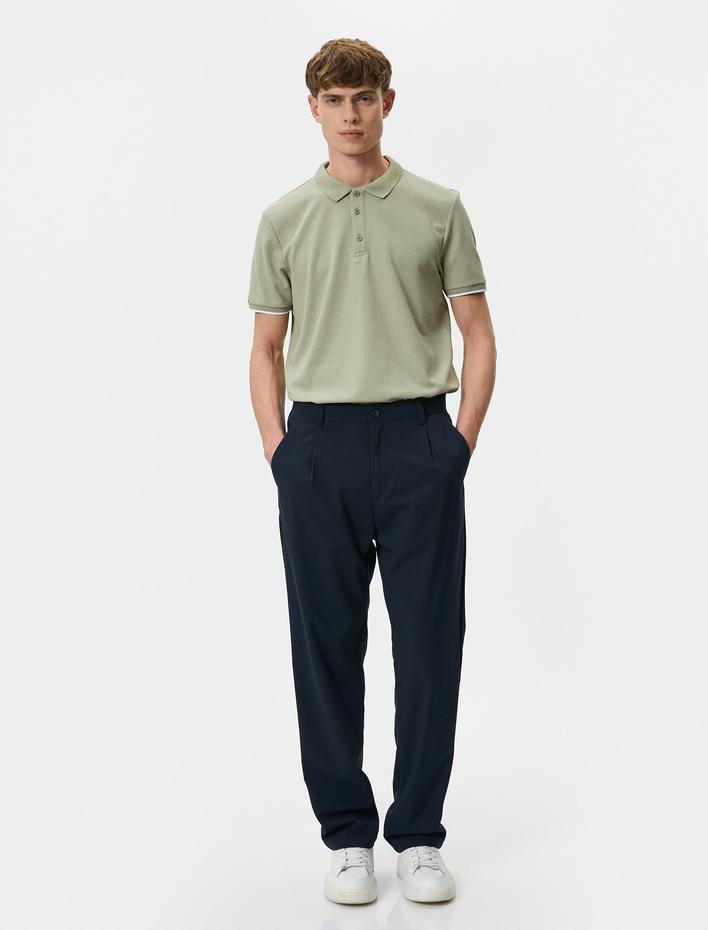  Yakalı Tişört Düğmeli Dokulu Kısa Kollu Biyeli