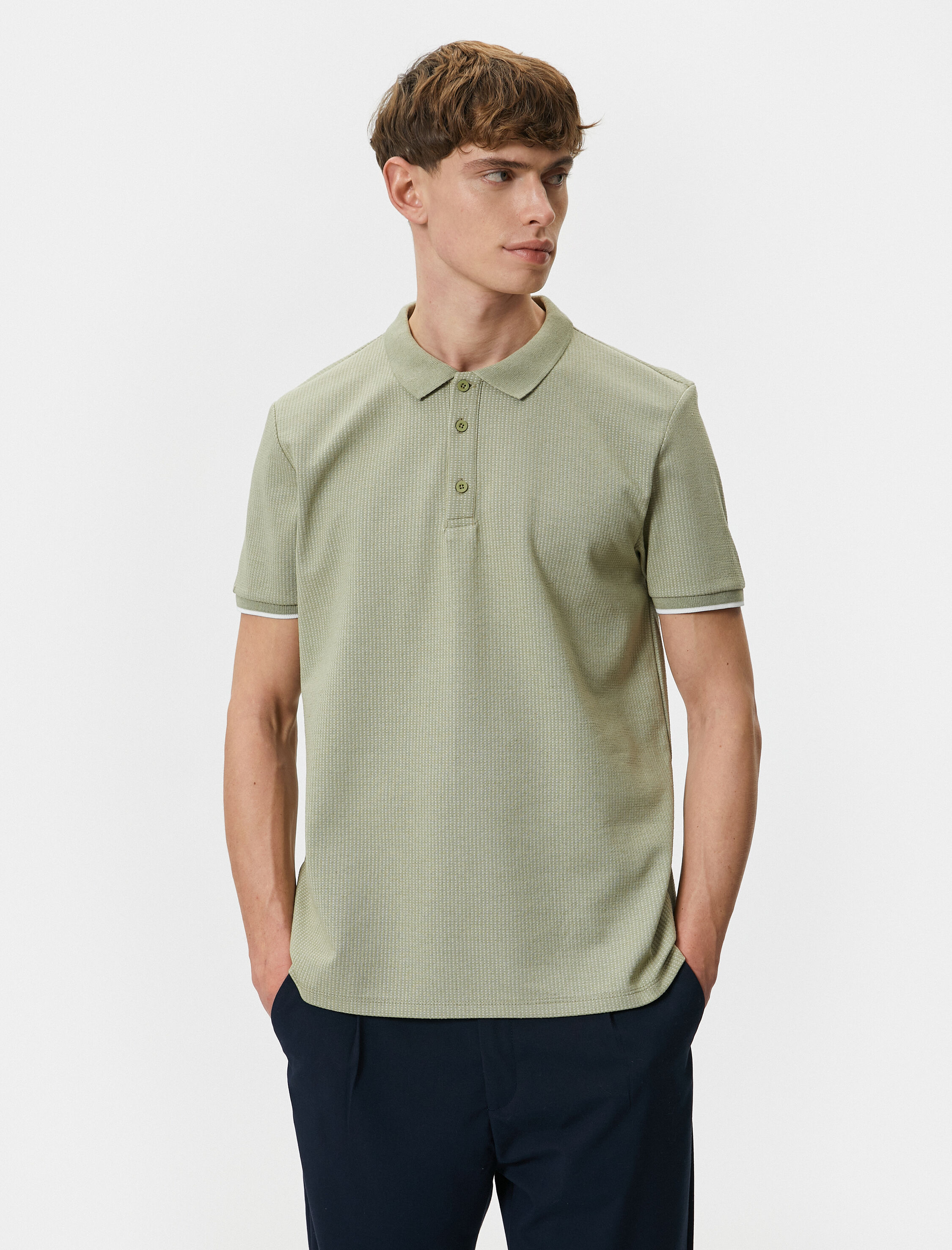   Yakalı Tişört Düğmeli Dokulu Kısa Kollu Biyeli