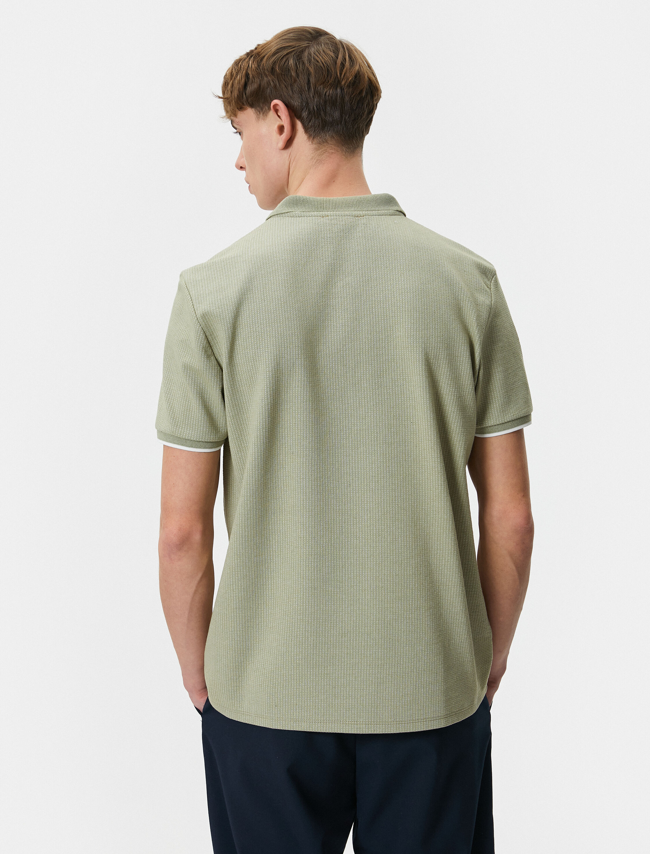   Yakalı Tişört Düğmeli Dokulu Kısa Kollu Biyeli