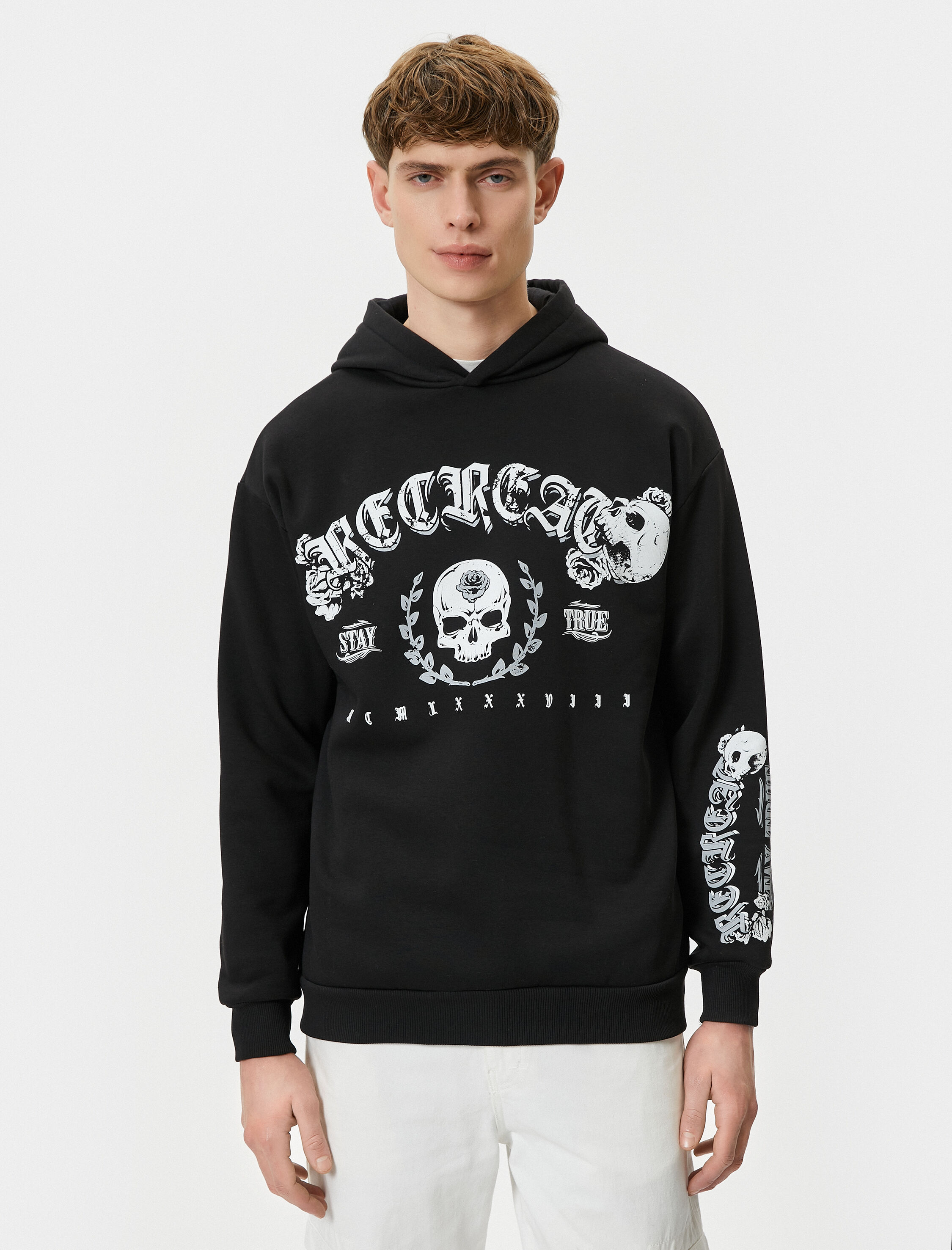   Arkası Baskılı Sweatshirt Kapşonlu Kuru Kafa Temalı Rahat Kesim Şardonlu