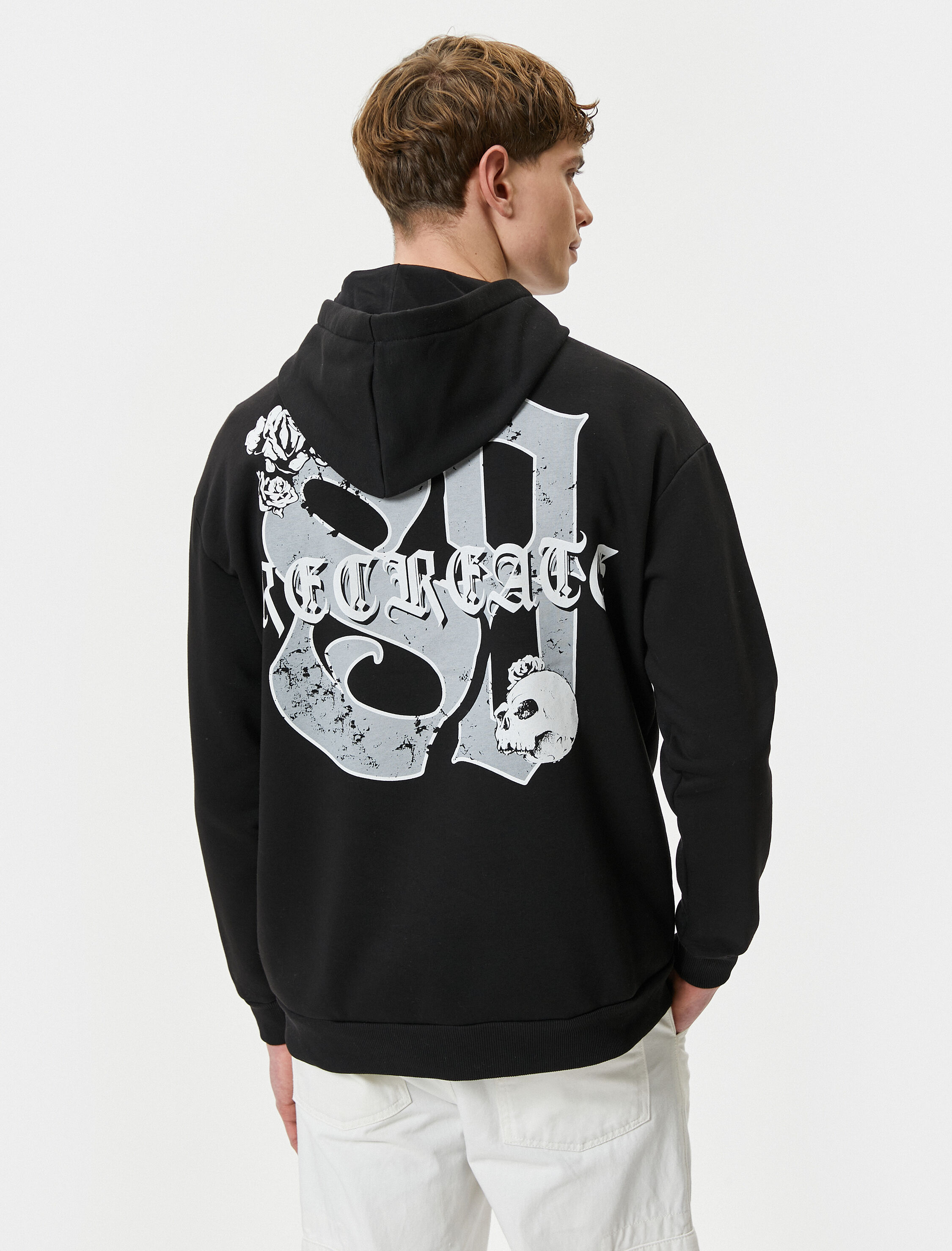   Arkası Baskılı Sweatshirt Kapşonlu Kuru Kafa Temalı Rahat Kesim Şardonlu