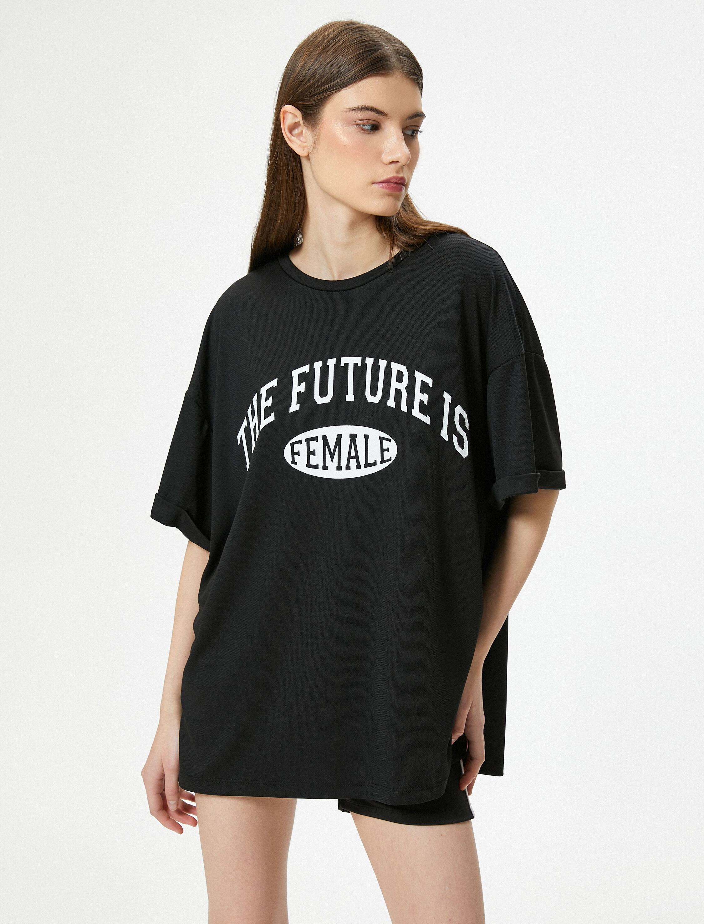   Oversize Spor Tişört Baskılı Uzun Kollu Bisiklet Yaka