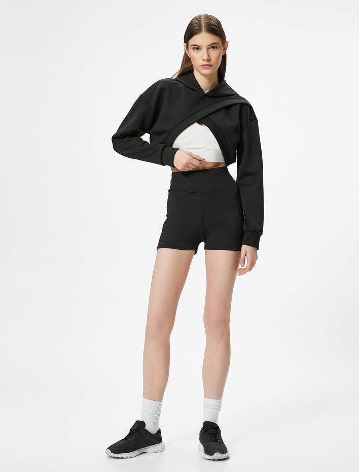  Crop Kapşonlu Sweatshirt Spor Katlı Asimetrik Kesim Rahat Kalıp