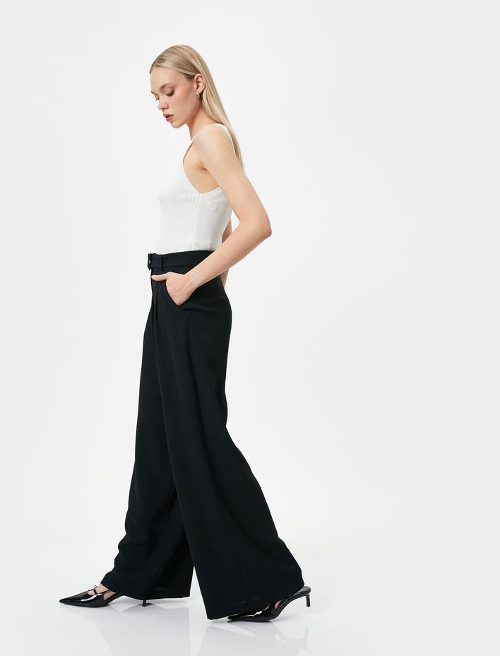  Bol Paça Pantolon Kemer Detaylı Yüksek Bel Cepli