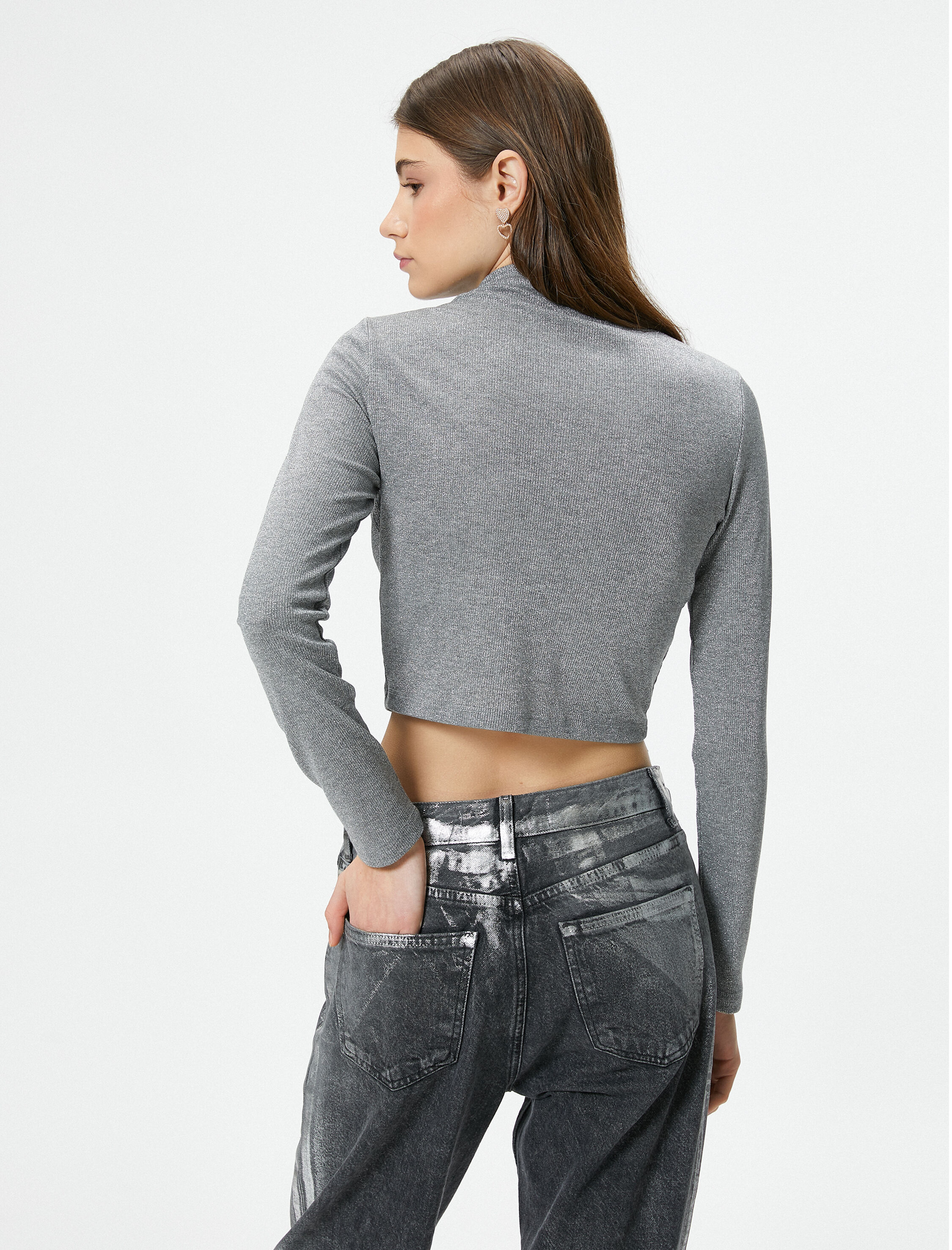   Parıltılı Metalik Balıkçı Yaka Tişört Dar Kalıp Uzun Kollu