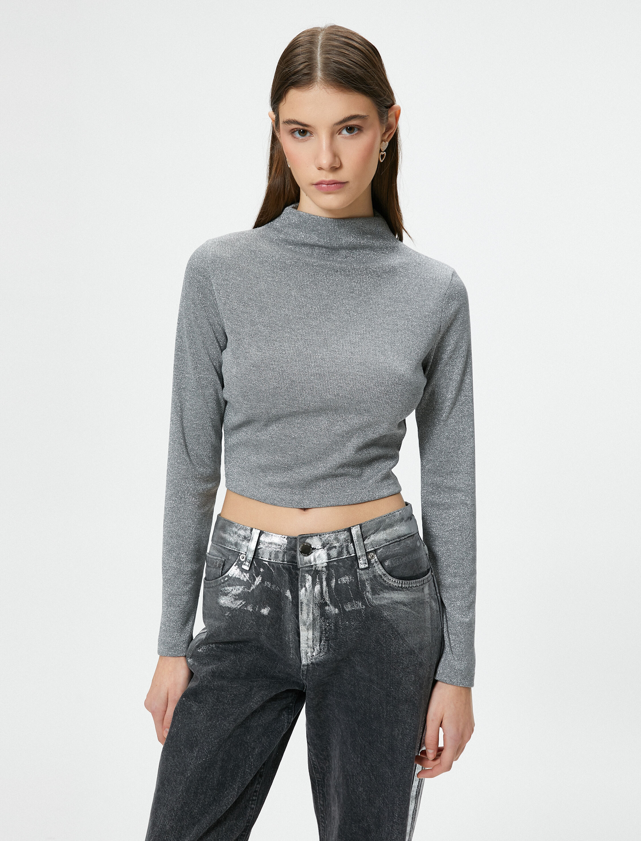   Parıltılı Metalik Balıkçı Yaka Tişört Dar Kalıp Uzun Kollu