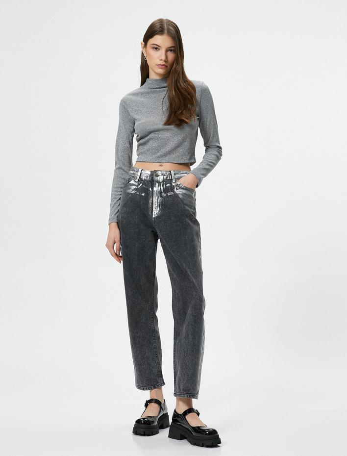  Parıltılı Metalik Balıkçı Yaka Tişört Dar Kalıp Uzun Kollu