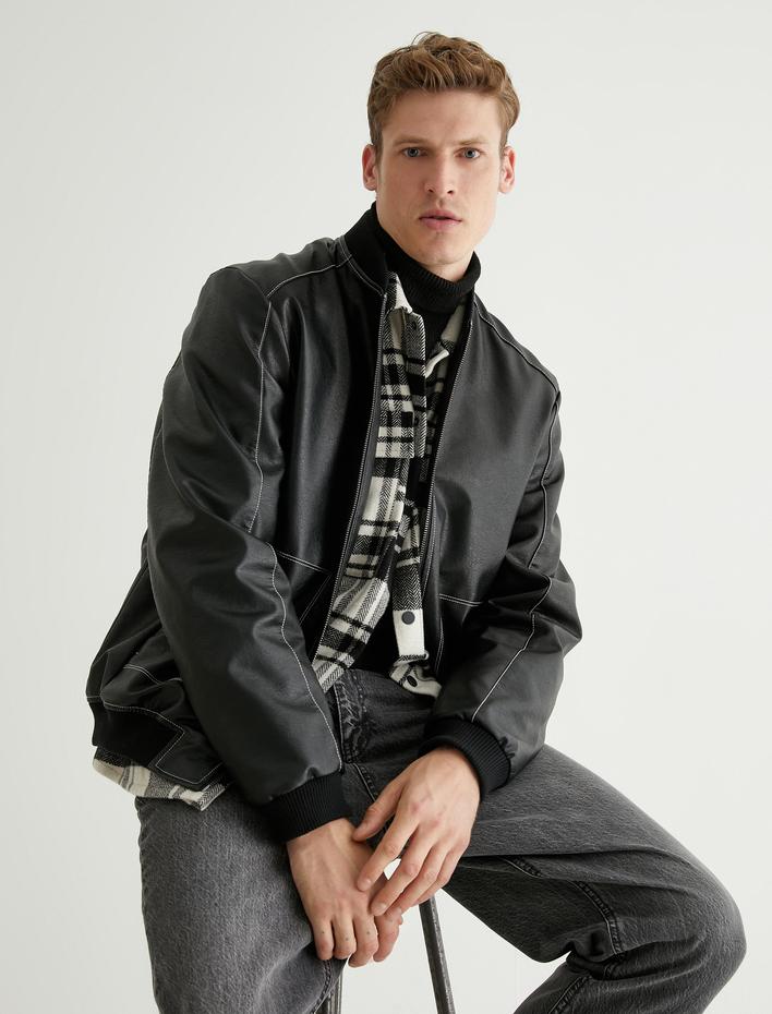  Bomber Ceket Deri Görünümlü Dikiş Detaylı Fermuarlı Cepli