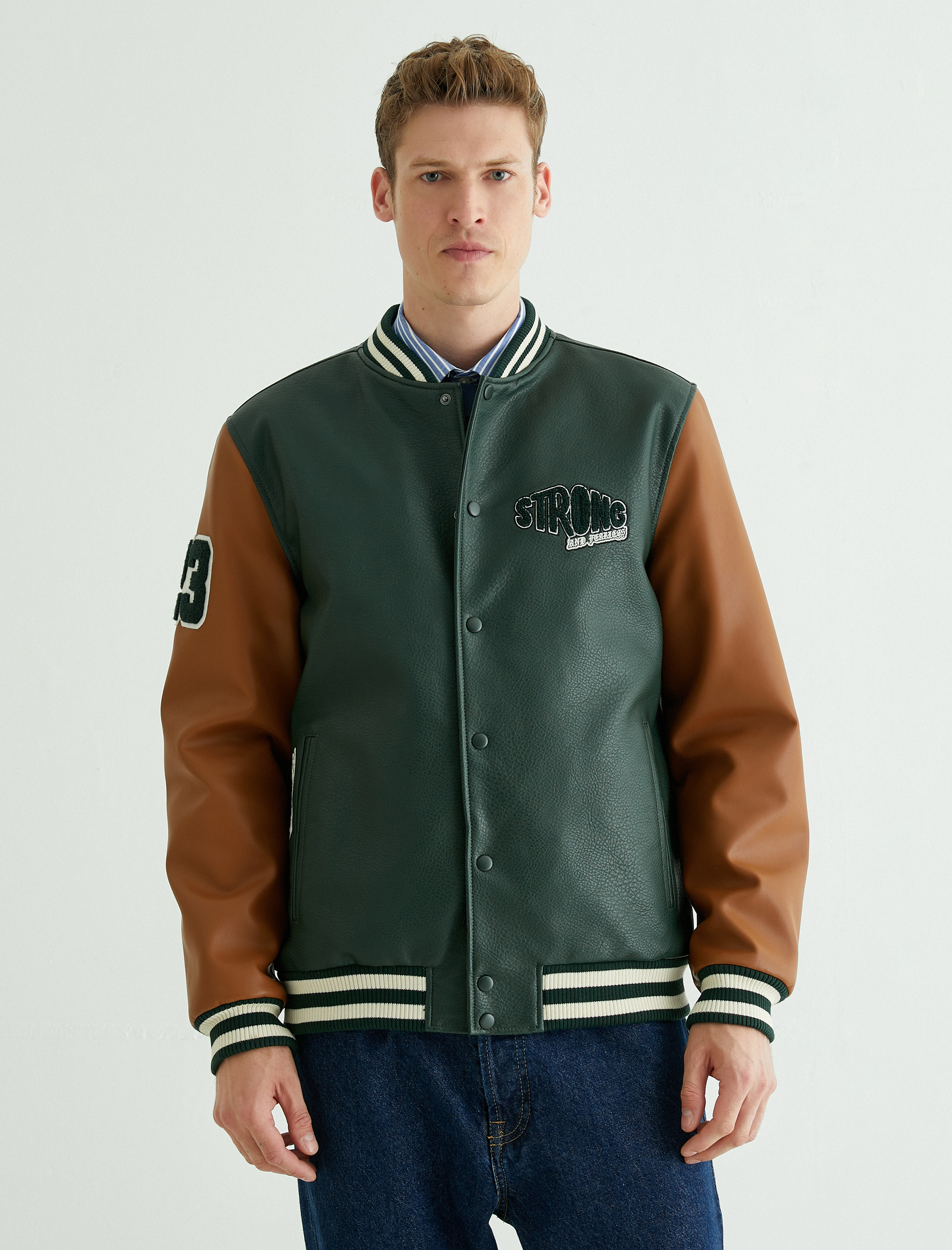   Kolej Ceket Deri Görünümlü Bomber Yaka İşlemeli Çıtçıt Düğmeli Cepli