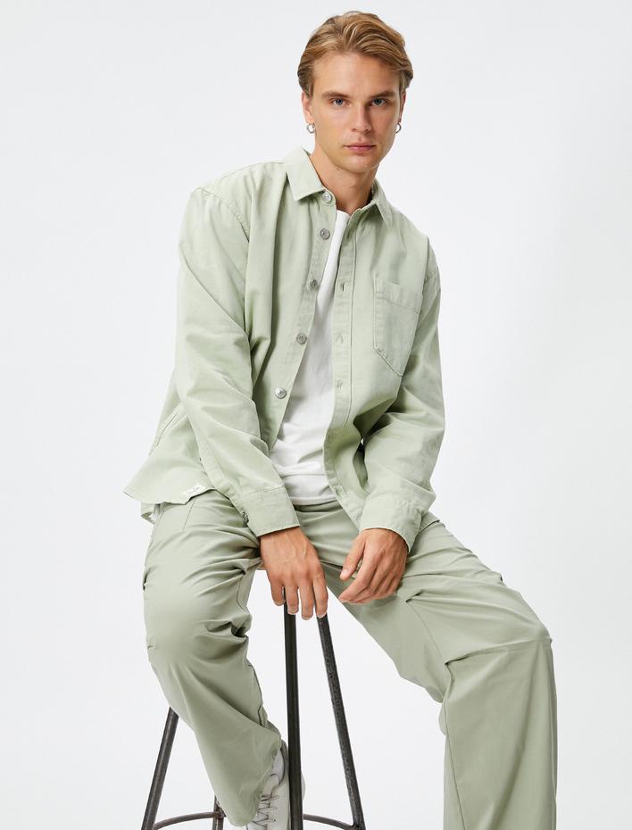  Kanvas Gömlek Klasik Yaka Cep Detaylı Düğmeli Etiket Baskılı Pamuklu