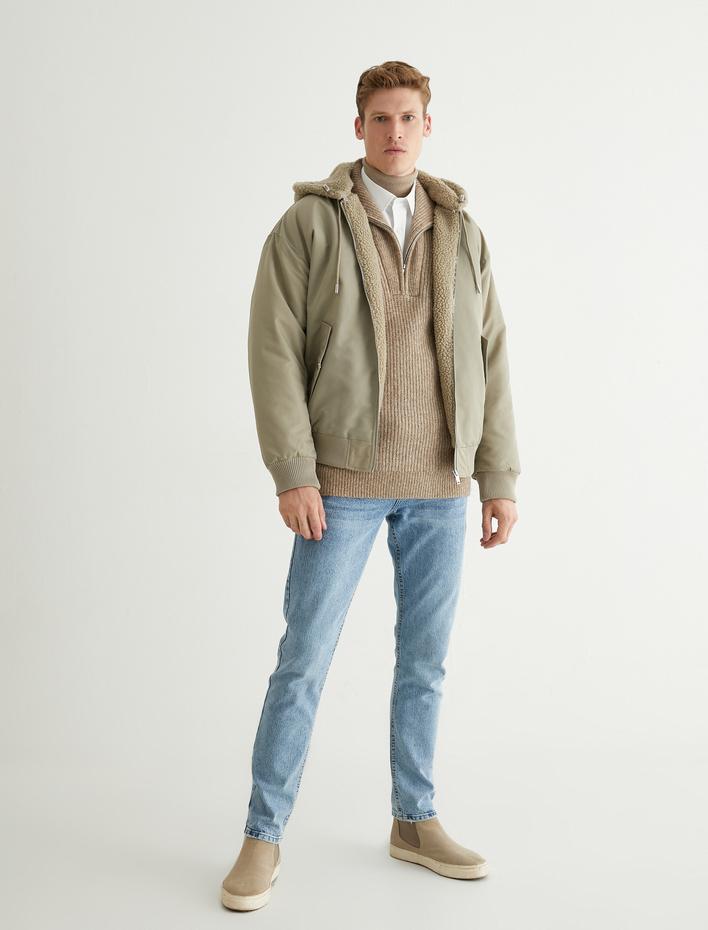  Ceket İçi Peluş Çıkarılabilir Kapşonlu Cep Detaylı