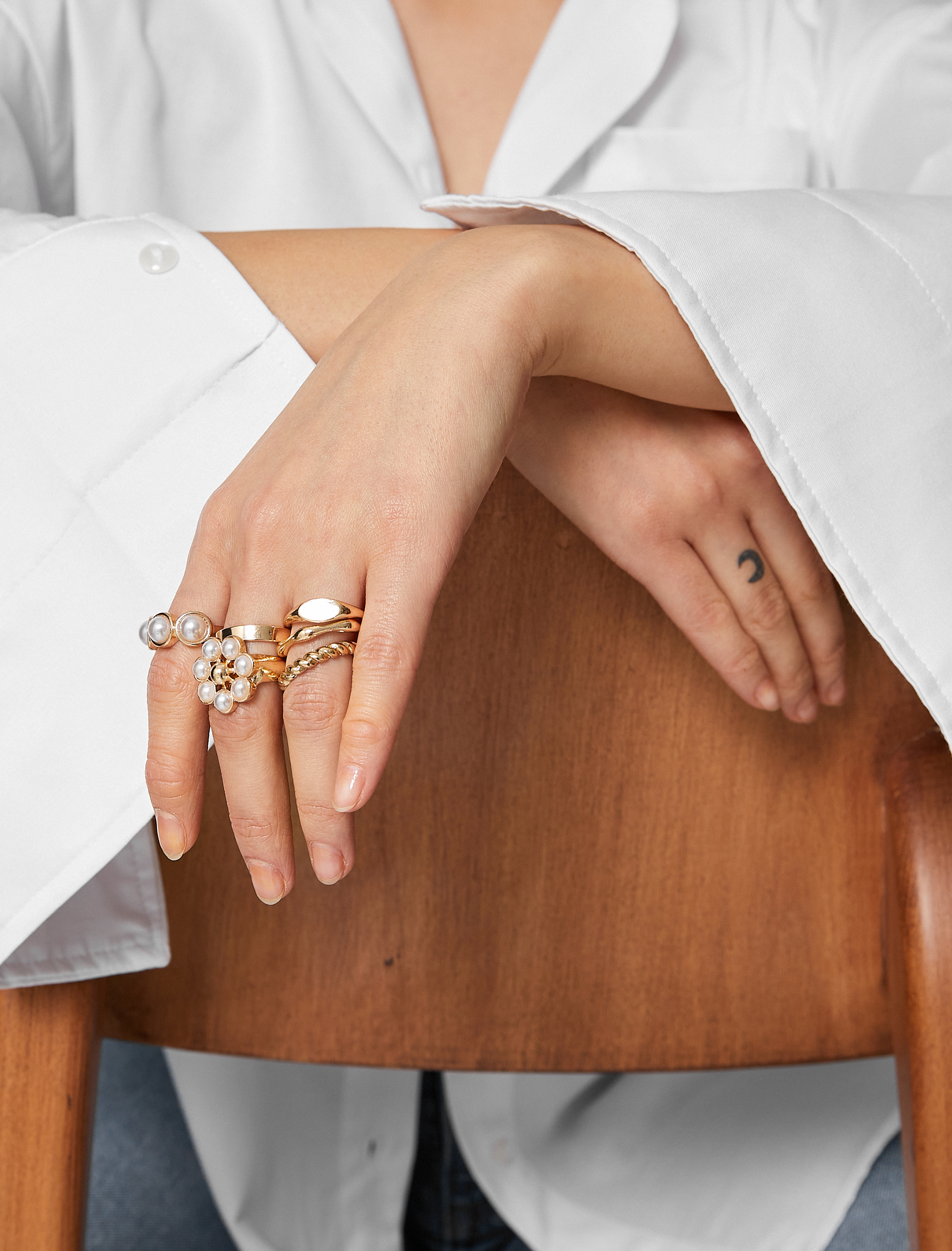  Kadın İncili Yüzük Seti 7'li Metal