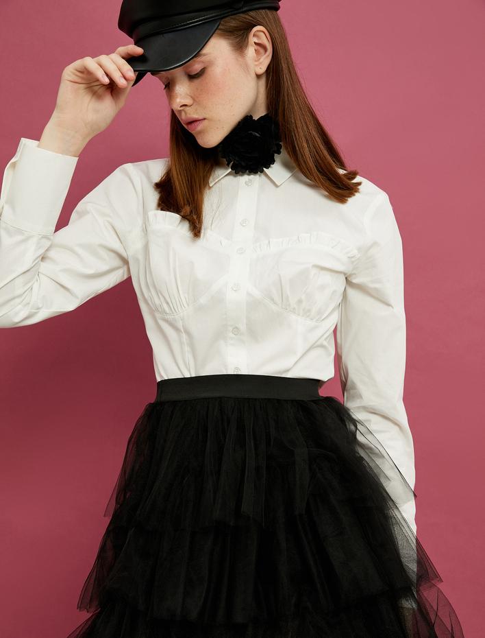  Crop Gömlek Fırfır Detaylı Uzun Kollu Pamuklu Asimetrik Kesimli