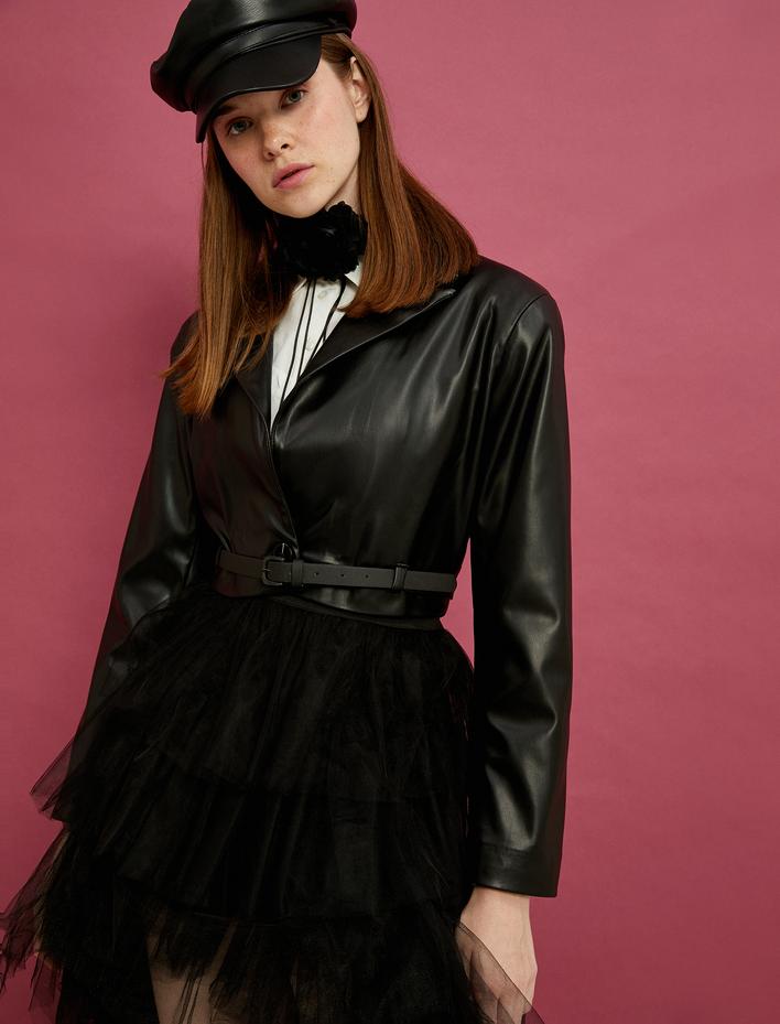  Crop Deri Görünümlü Ceket Belden Kemer Detaylı