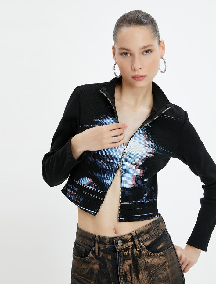  Fermuarlı Hırka Slim Fit Dik Yaka Baskılı Uzun Kollu Pamuklu