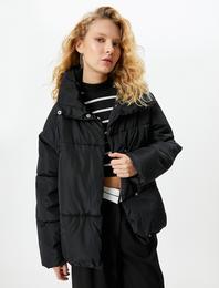 Oversize Şişme Mont Dik Yaka Cepli Çıtçıt Kapamalı