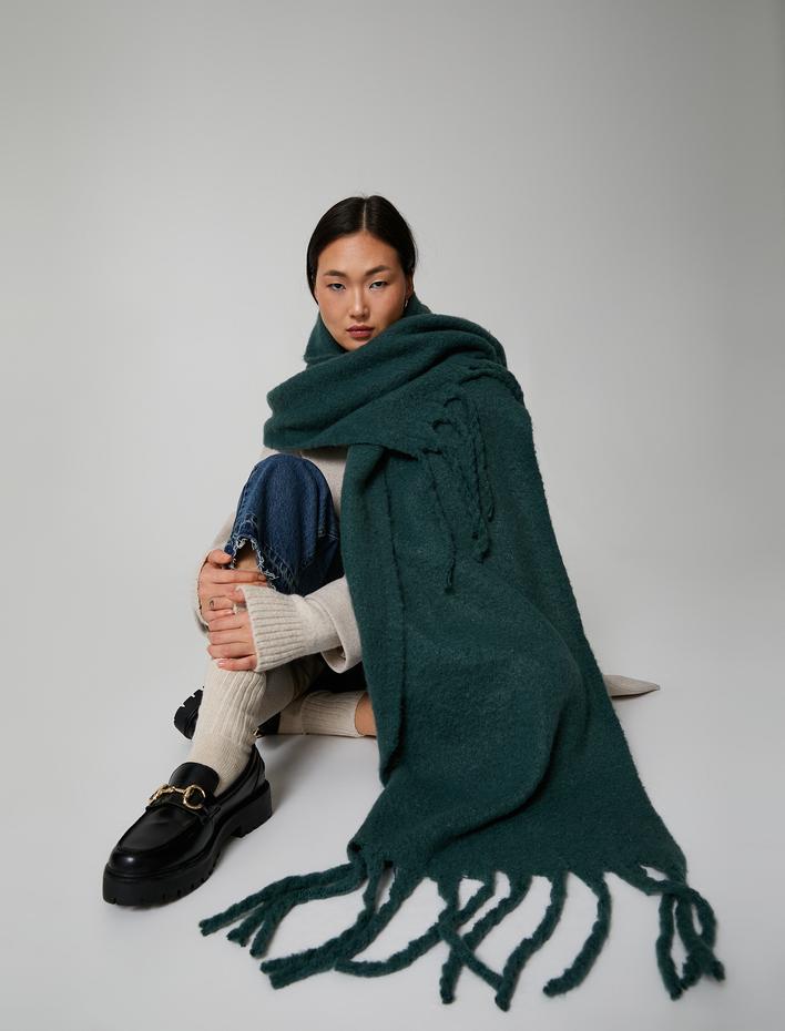 Kadın Uzun Atkı Püsküllü Yumuşak Dokulu