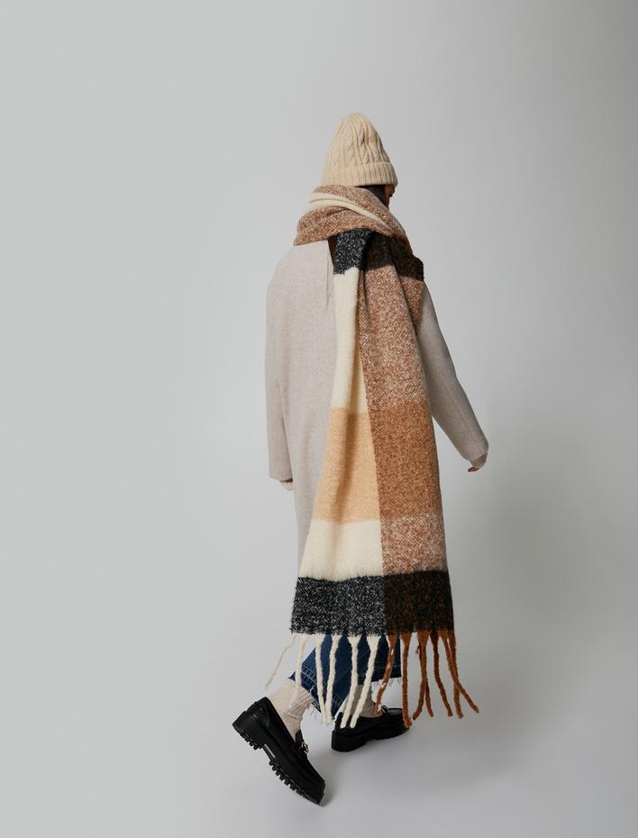 Kadın Ekose Uzun Atkı Püsküllü Yumuşak Dokulu