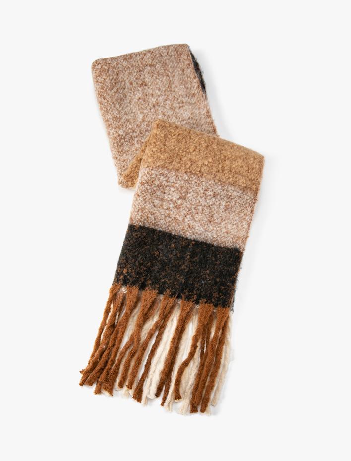 Kadın Ekose Uzun Atkı Püsküllü Yumuşak Dokulu