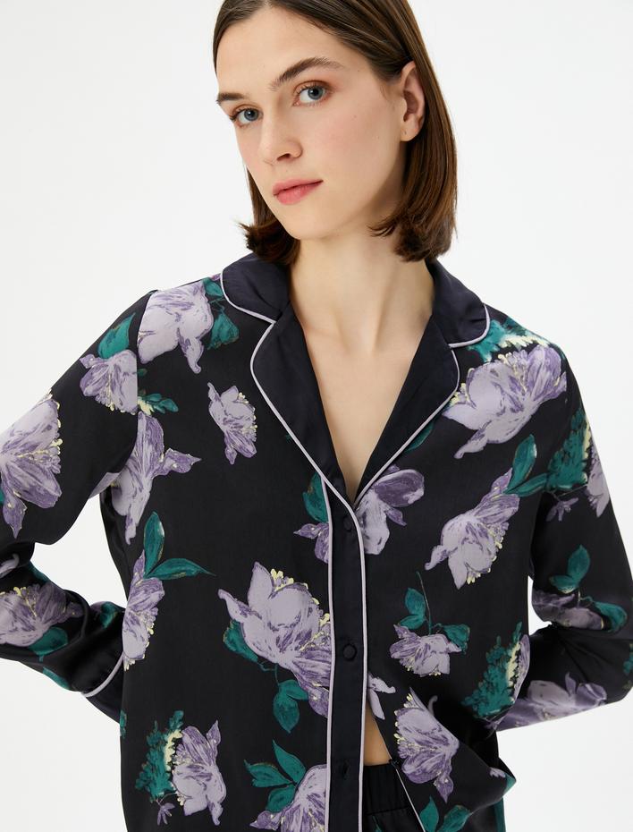  Düğmeli Pijama Üstü Çiçekli Gömlek Yaka