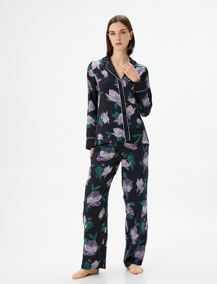   Çiçekli Pijama Altı Beli Lastikli Düz Paça