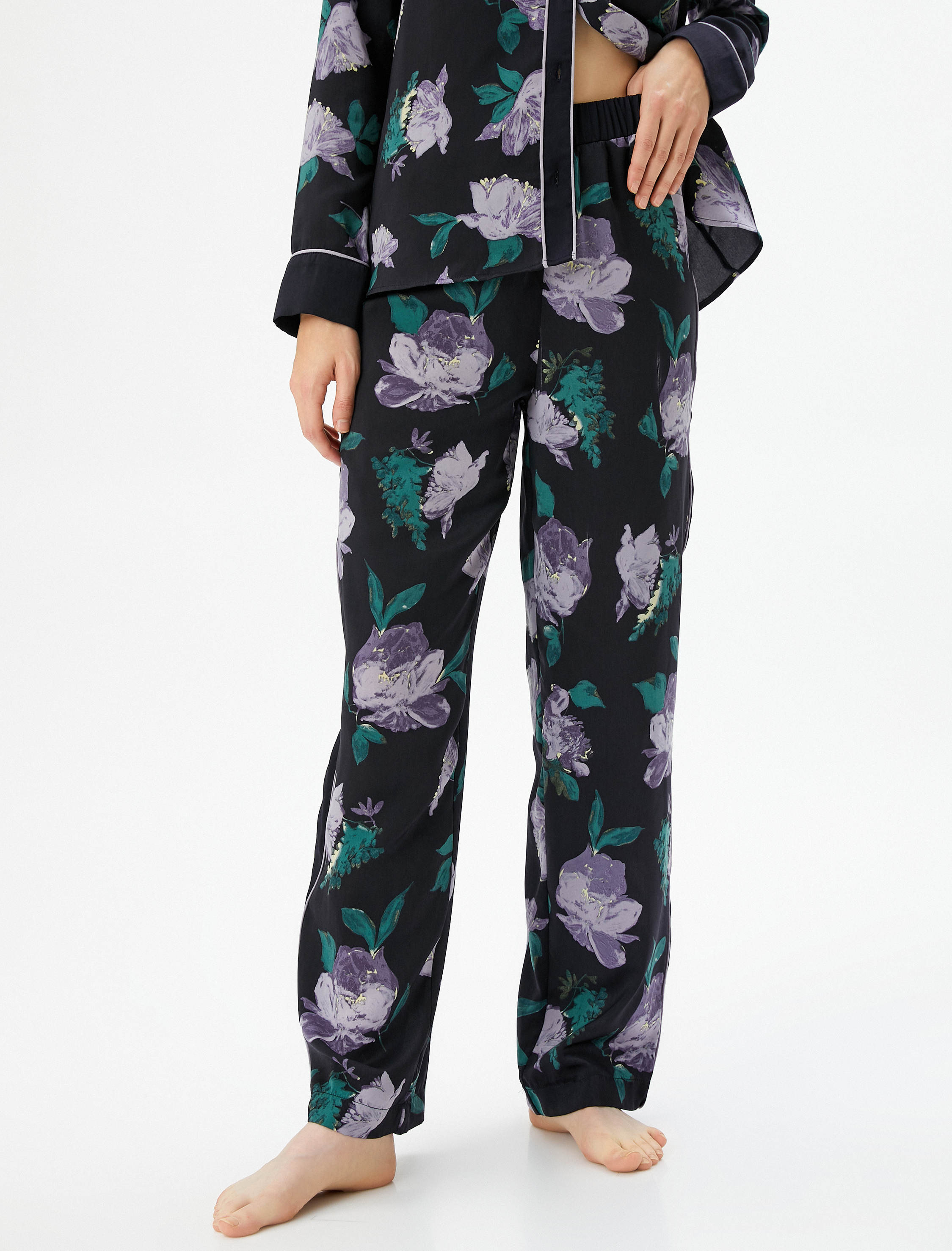   Çiçekli Pijama Altı Beli Lastikli Düz Paça