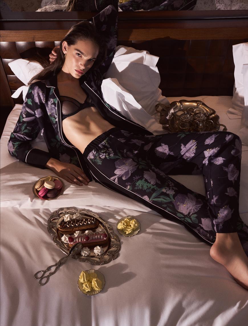   Çiçekli Pijama Altı Beli Lastikli Düz Paça