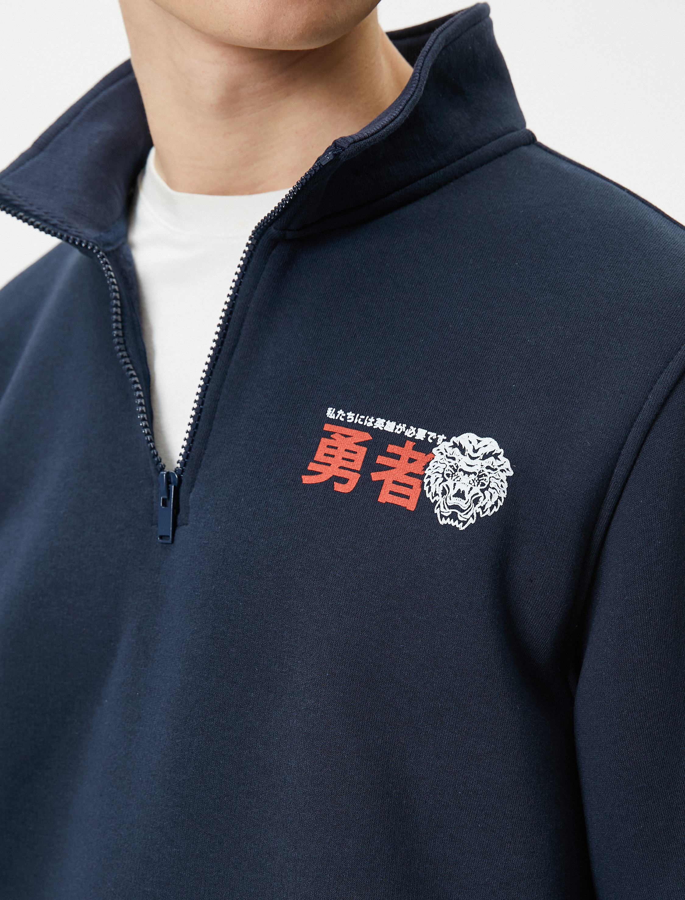   Yarım Fermuarlı Sweatshirt Dik Yaka Uzakdoğu Baskılı Şardonlu