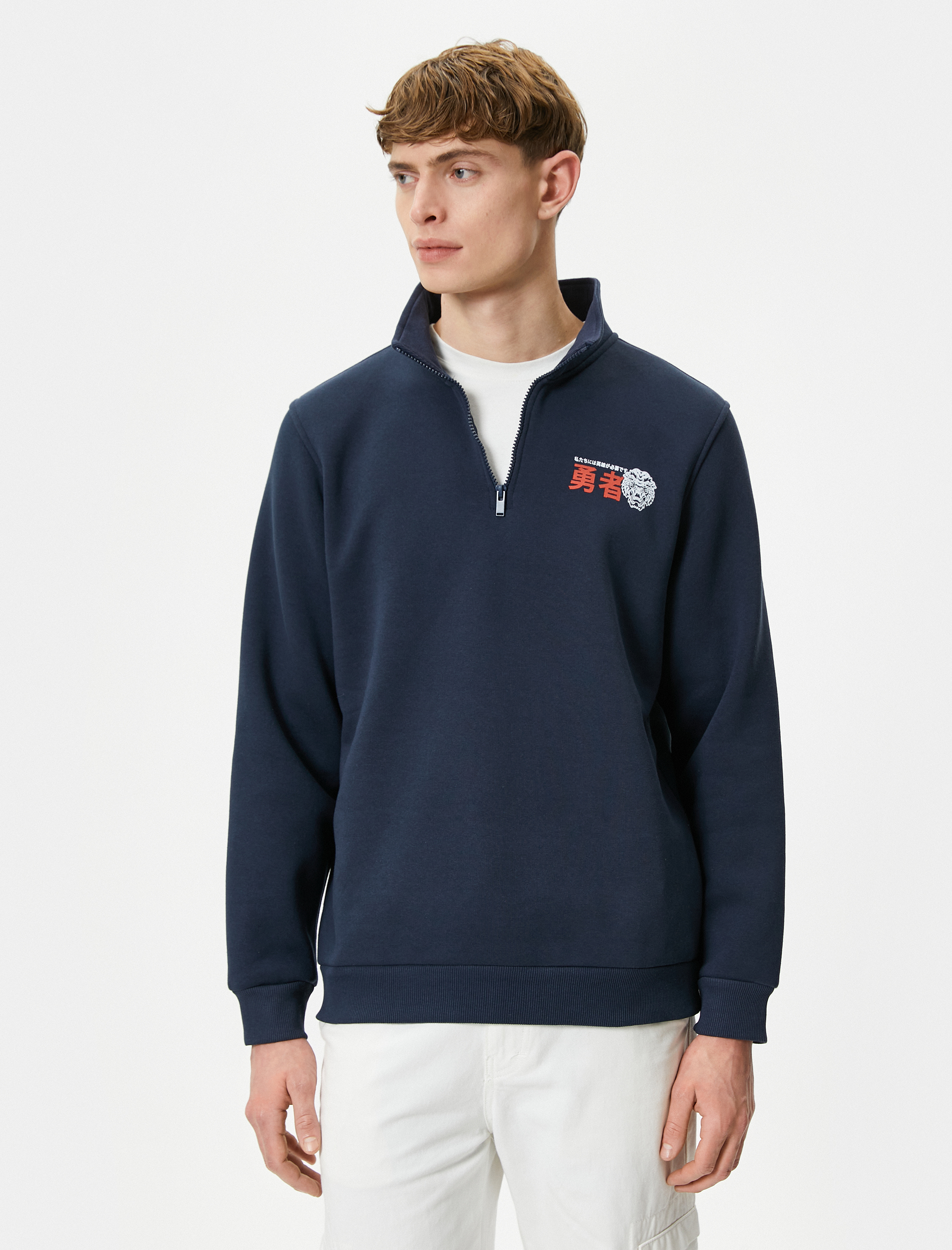   Yarım Fermuarlı Sweatshirt Dik Yaka Uzakdoğu Baskılı Şardonlu