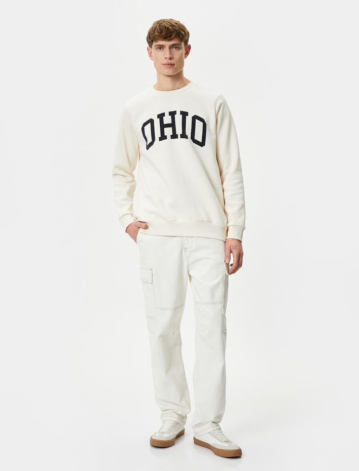  Bisiklet Yaka Sweatshirt Kolej Baskılı Uzun Kollu Ribanalı Şardonlu