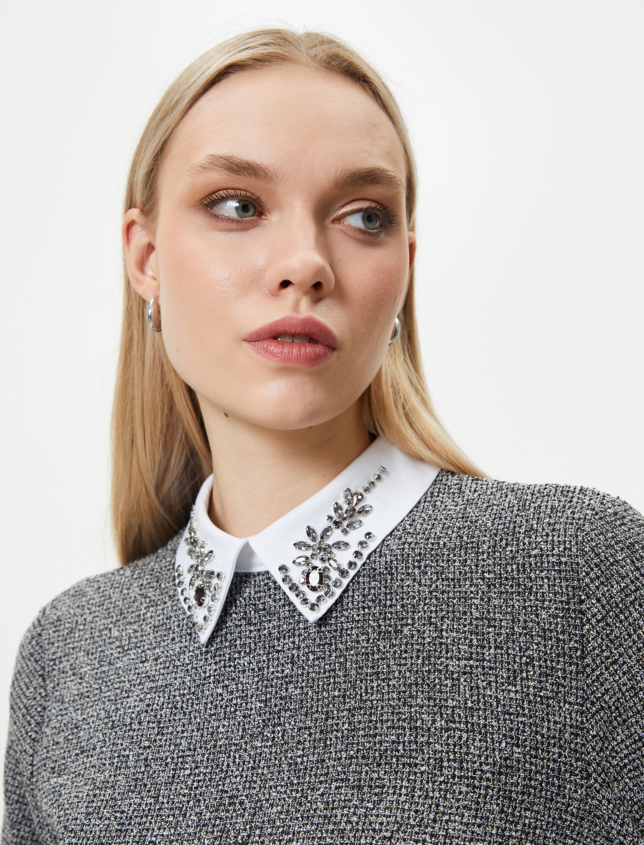   Parlak Taşlı Bluz Uzun Kollu Gömlek Yaka