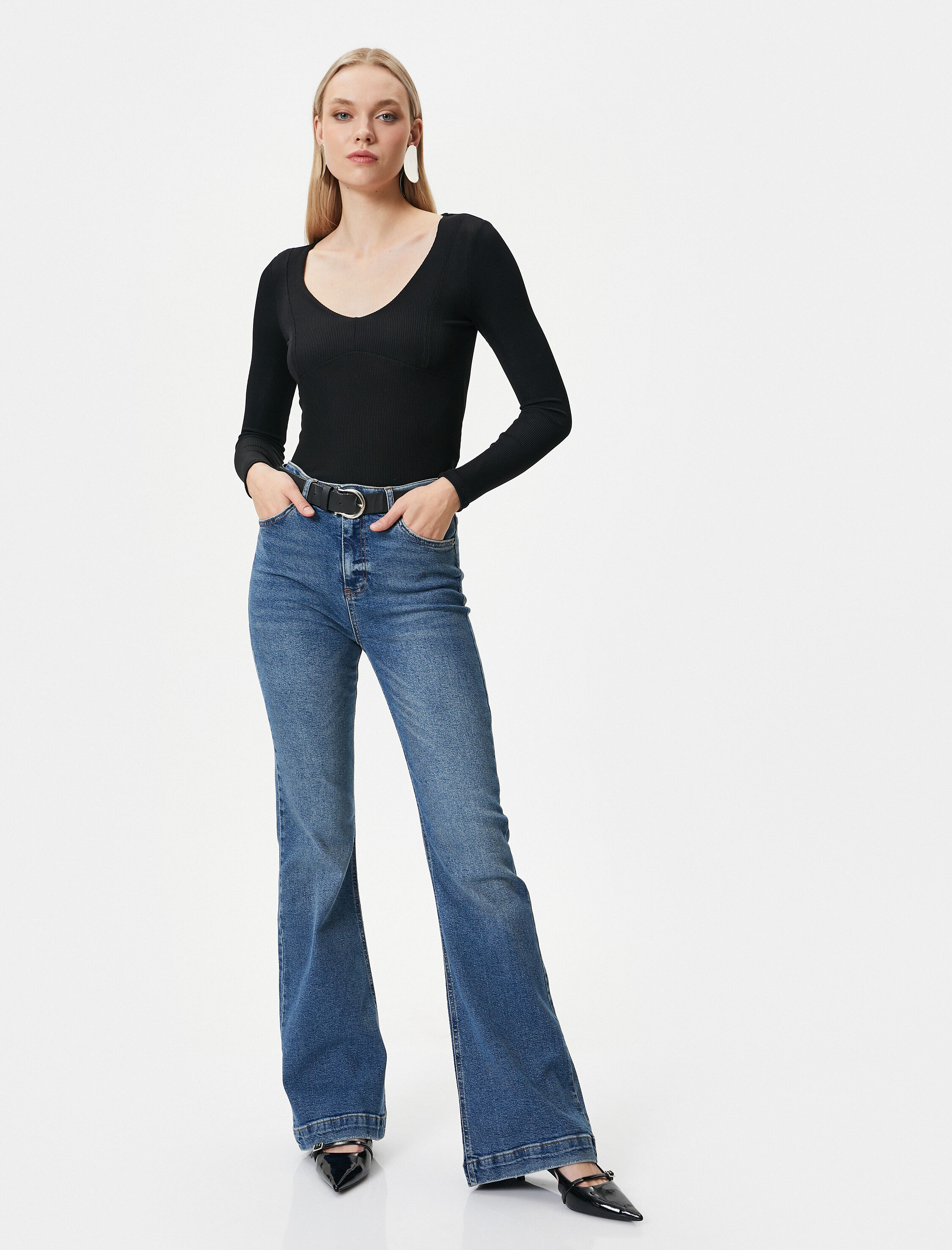   İspanyol Paça Kot Pantolon Dar Kesim Standart Bel Esnek Pamuklu Cepli - Flare Jean