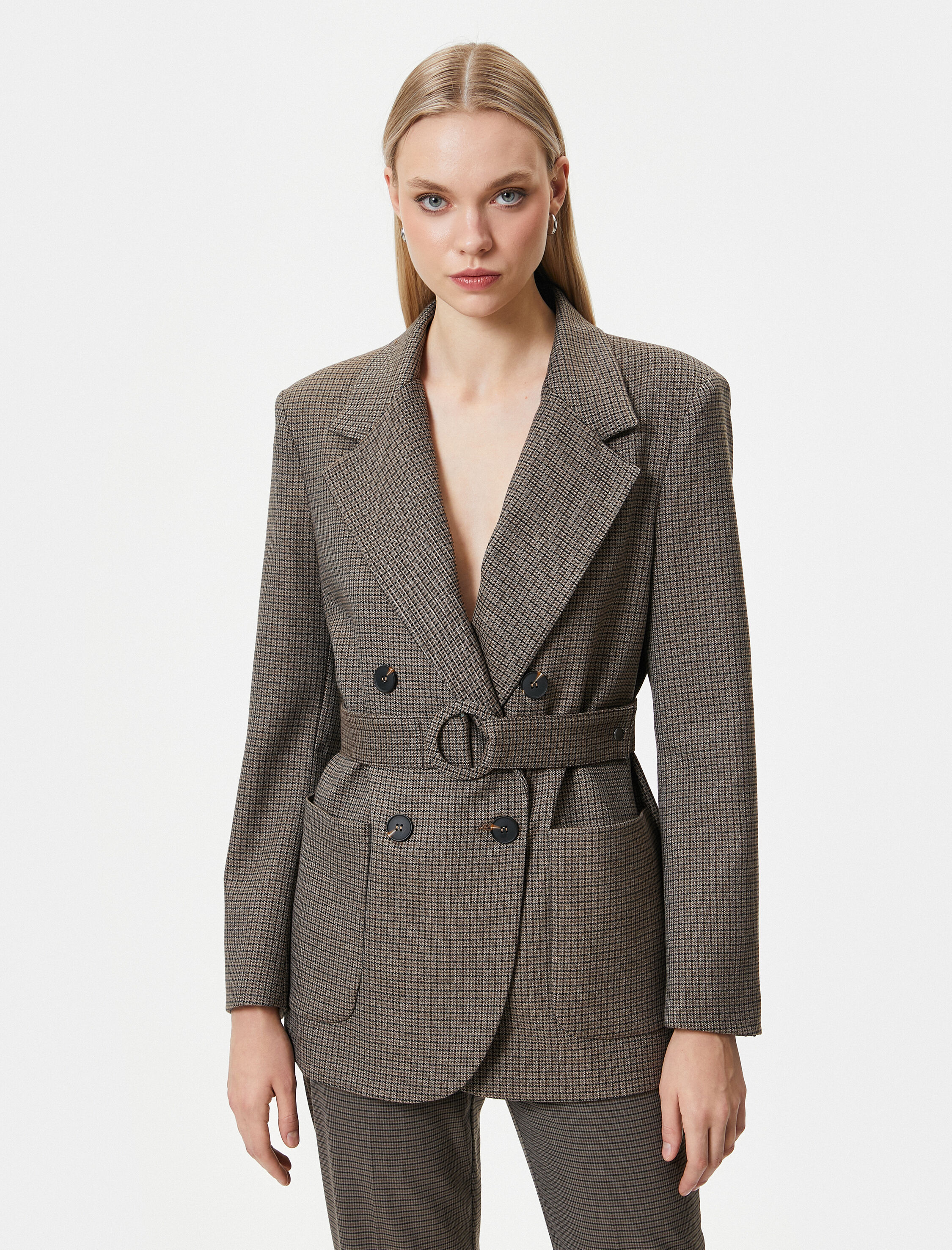   Kemerli Blazer Ceket Kruvaze Düğmeli Cepli