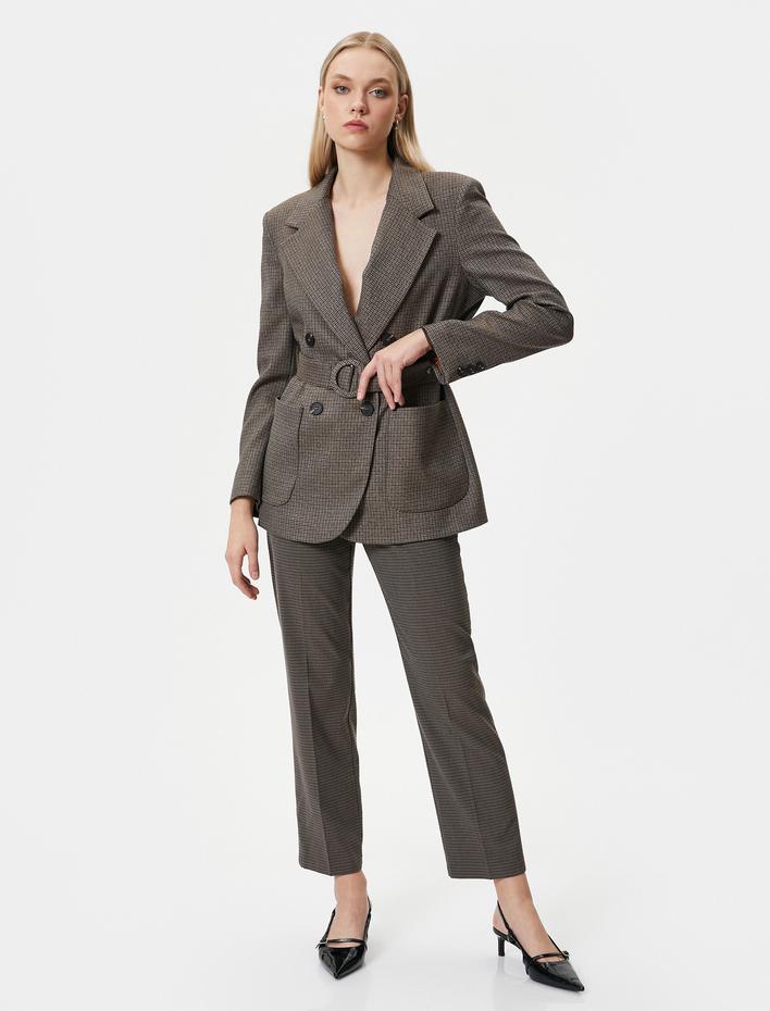  Kemerli Blazer Ceket Kruvaze Düğmeli Cepli