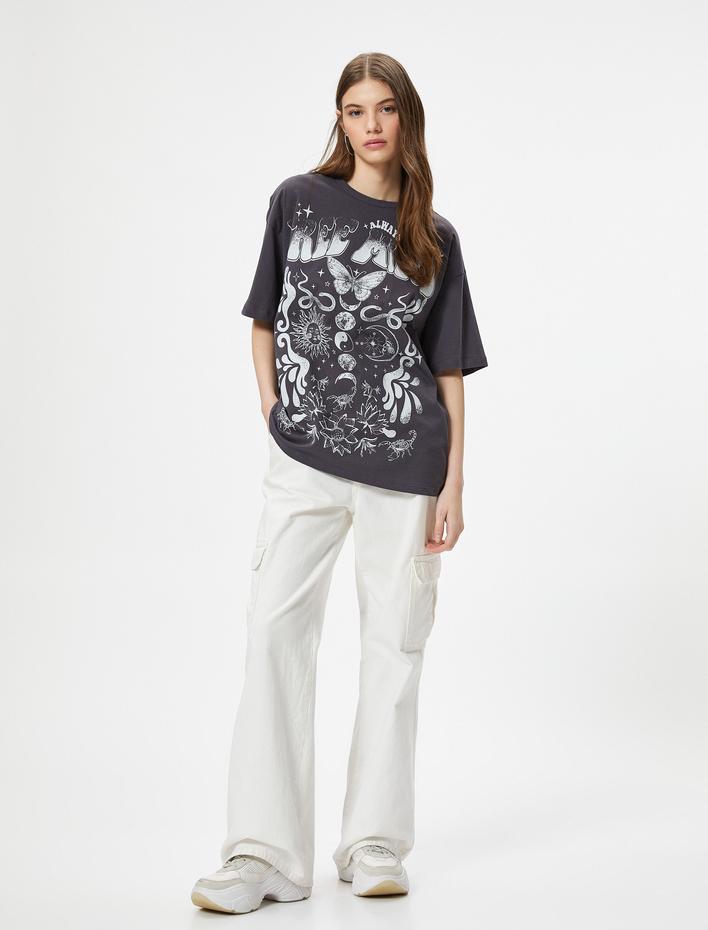  Baskılı Tişört Rahat Kesim Kısa Kollu Yuvarlak Yaka Pamuklu