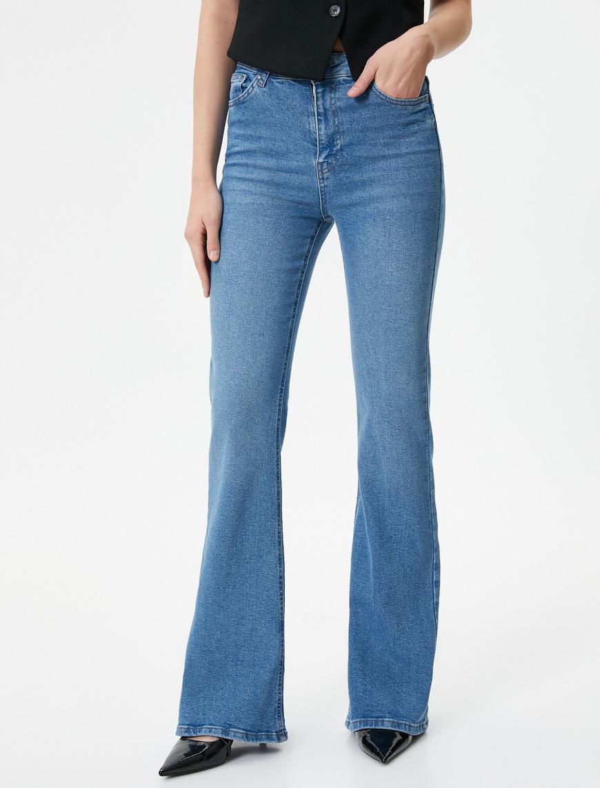   İspanyol Paça Kot Pantolon Dar Kesim Yüksek Bel Esnek Pamuklu Cepli - Victoria Slim Jean