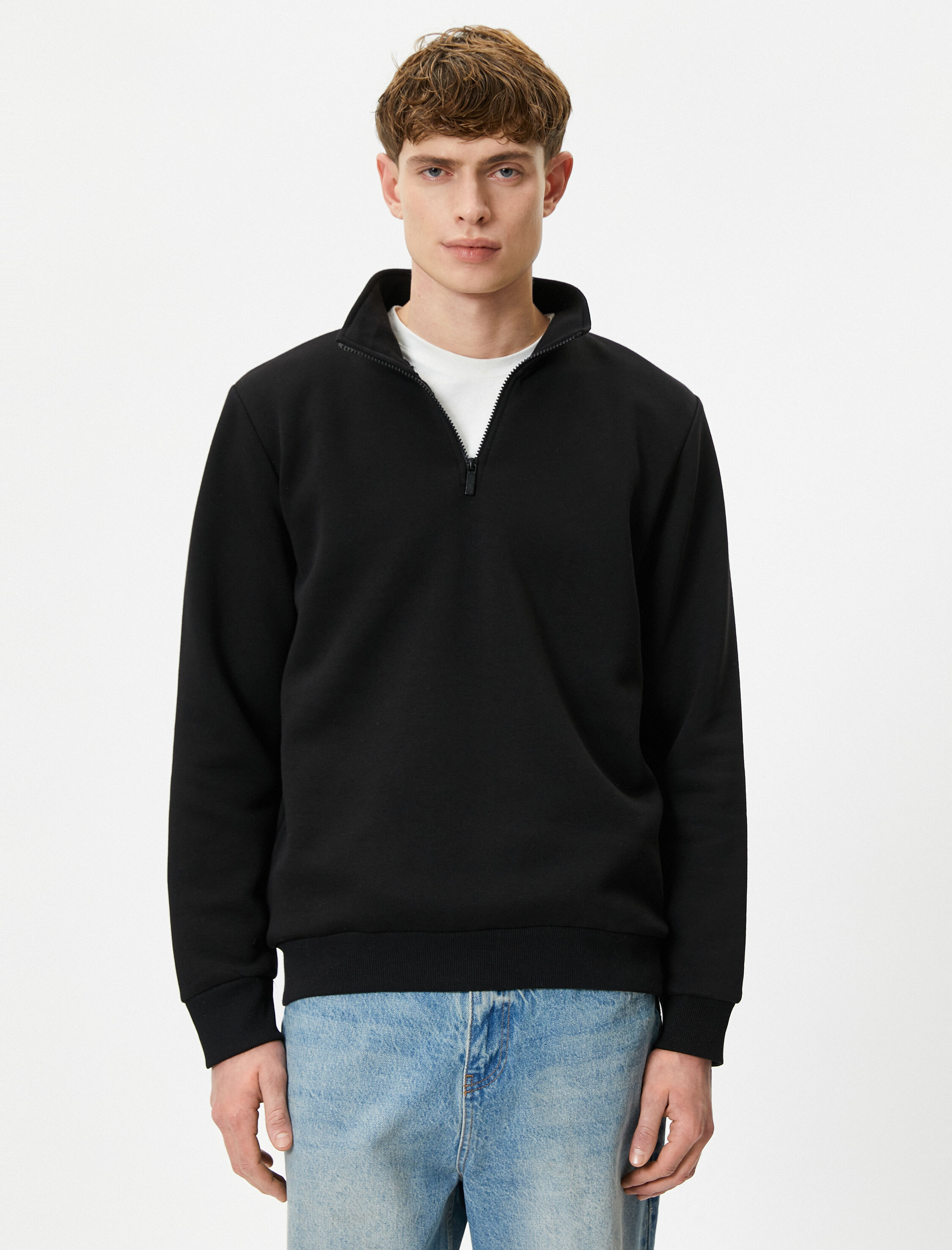   Yarım Fermuarlı Sweatshirt Basic Dik Yaka Ribanalı Uzun Kollu Şardonlu
