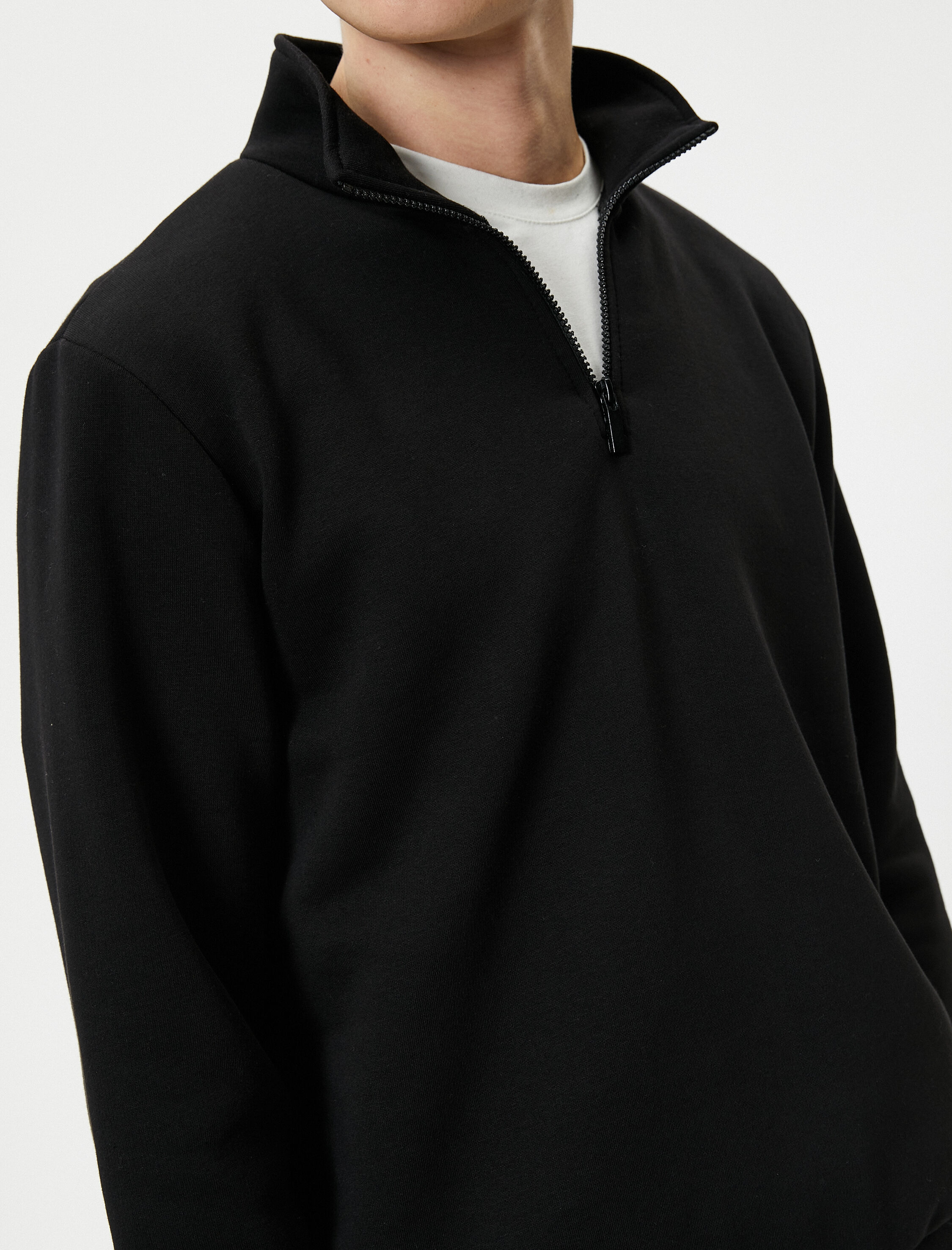   Yarım Fermuarlı Sweatshirt Basic Dik Yaka Ribanalı Uzun Kollu Şardonlu