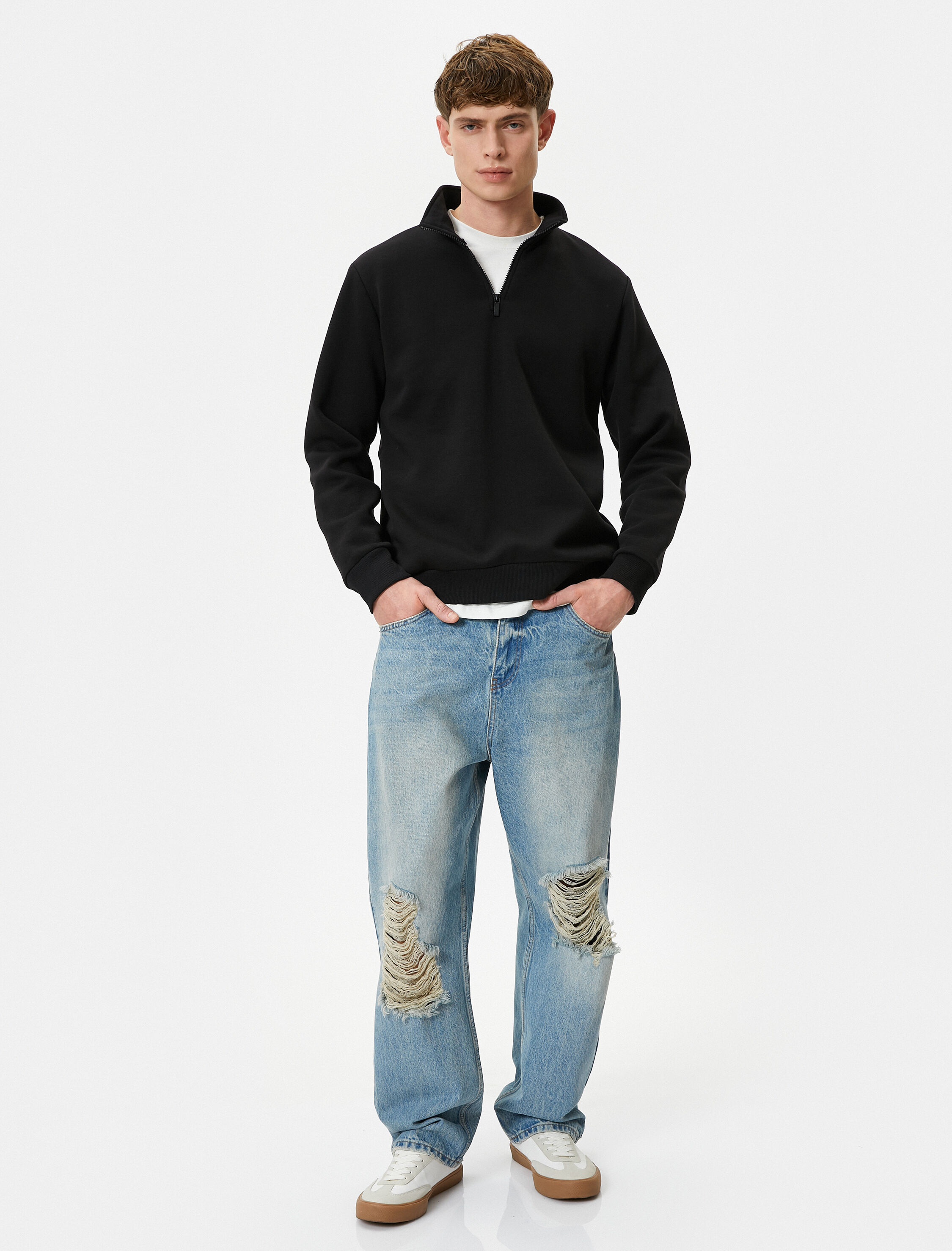   Yarım Fermuarlı Sweatshirt Basic Dik Yaka Ribanalı Uzun Kollu Şardonlu